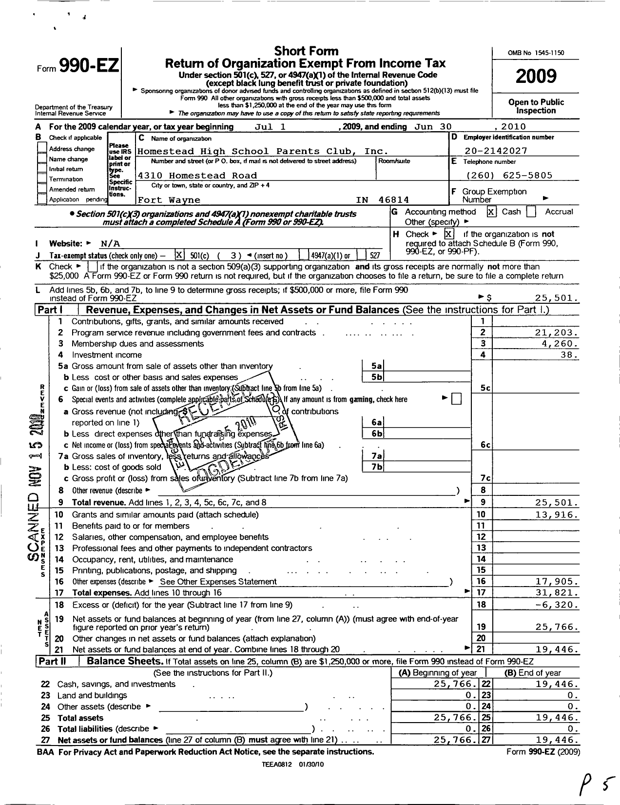 Image of first page of 2009 Form 990EZ for Homestead High School Parents Club