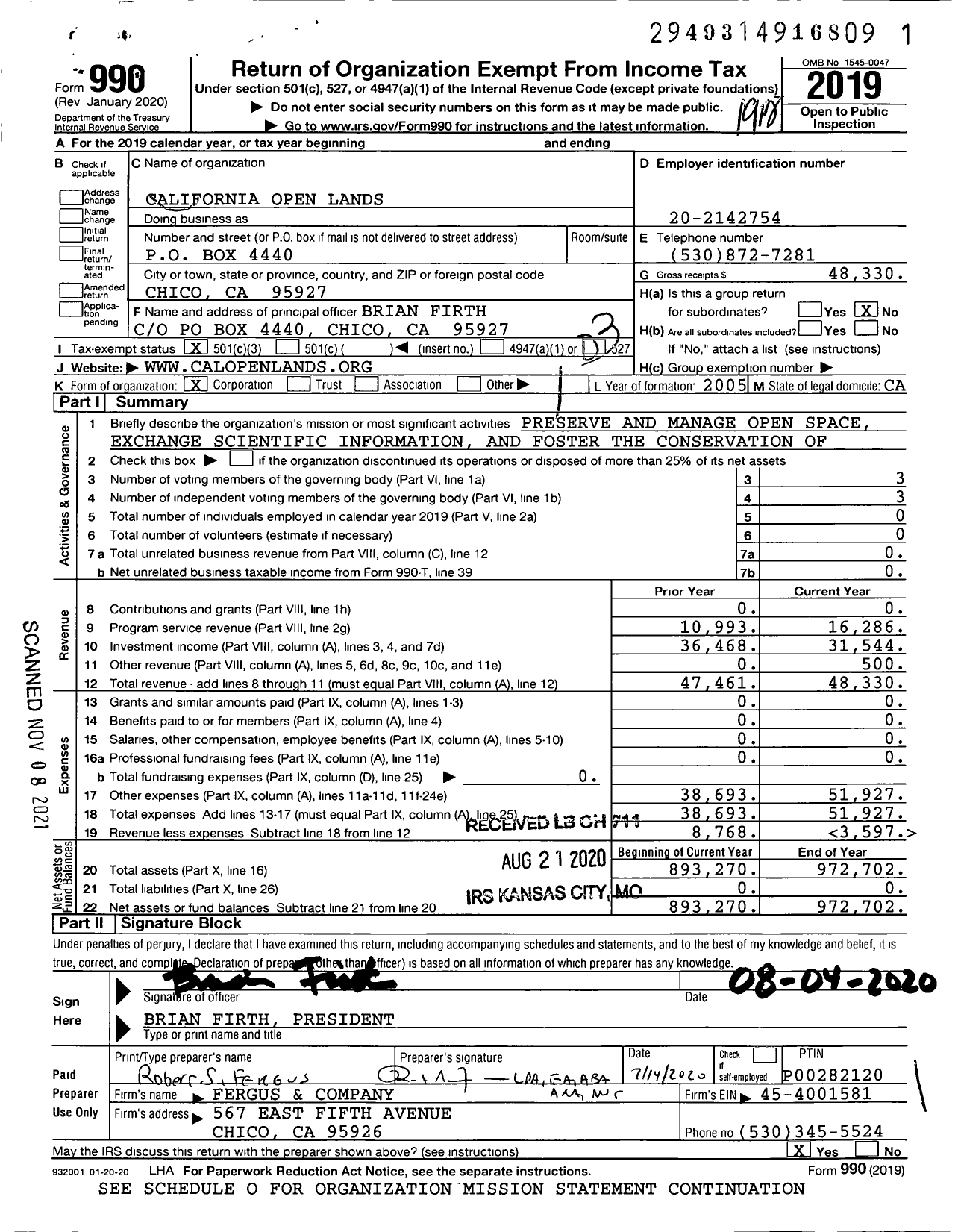 Image of first page of 2019 Form 990 for California Open Lands