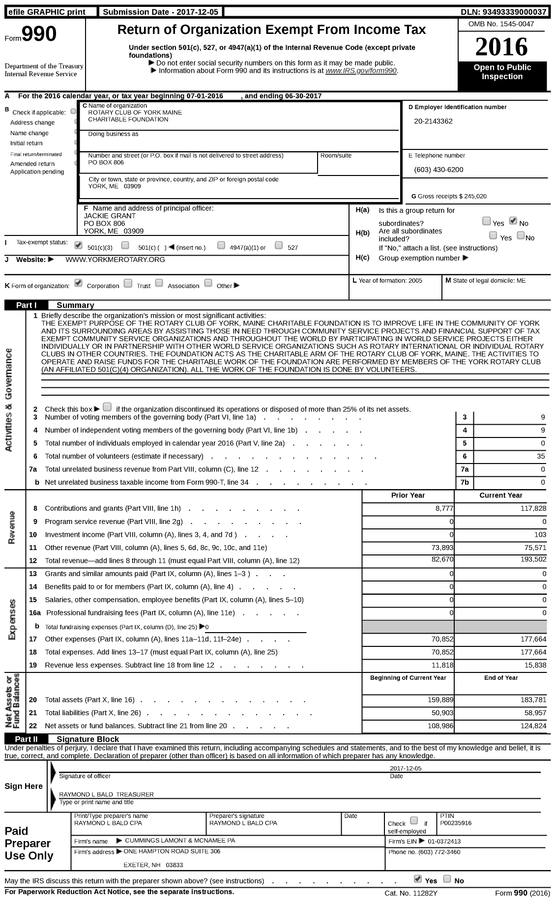 Image of first page of 2016 Form 990 for Rotary Club of York Maine Charitable Foundation