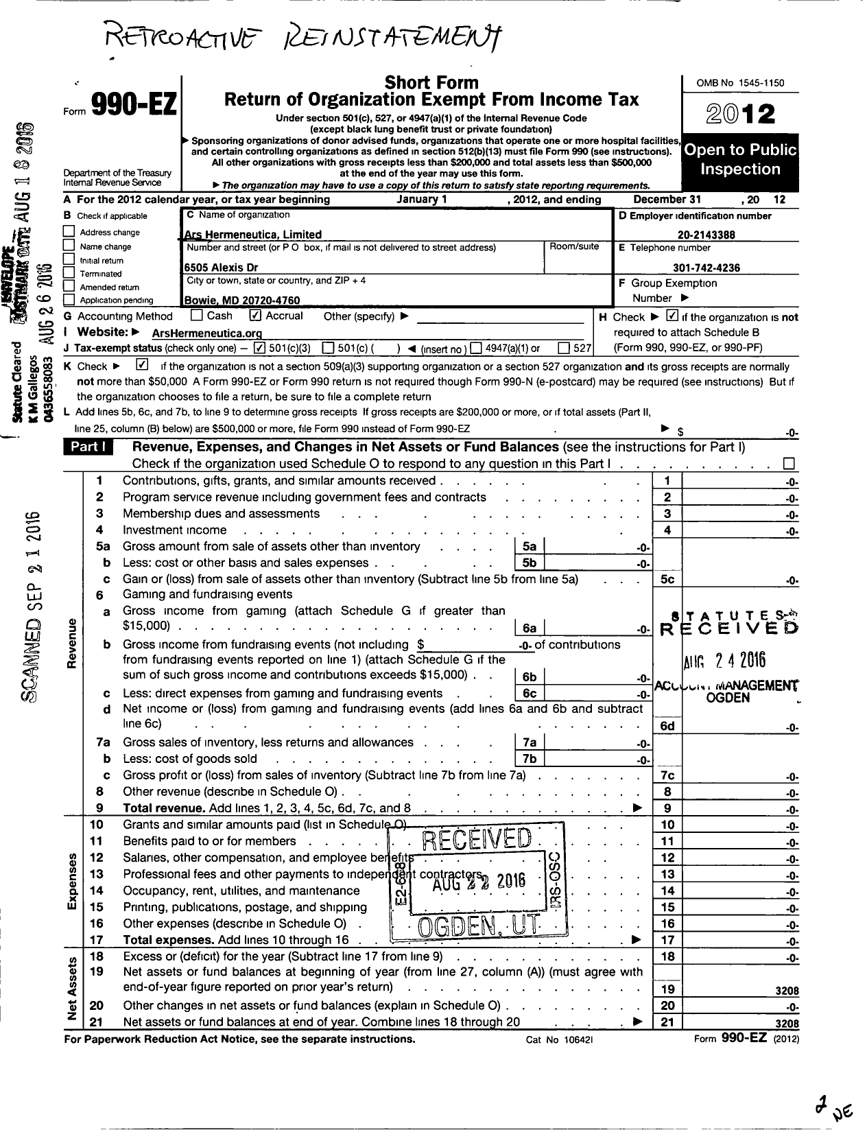 Image of first page of 2012 Form 990EZ for Ars Hermeneutica Limited