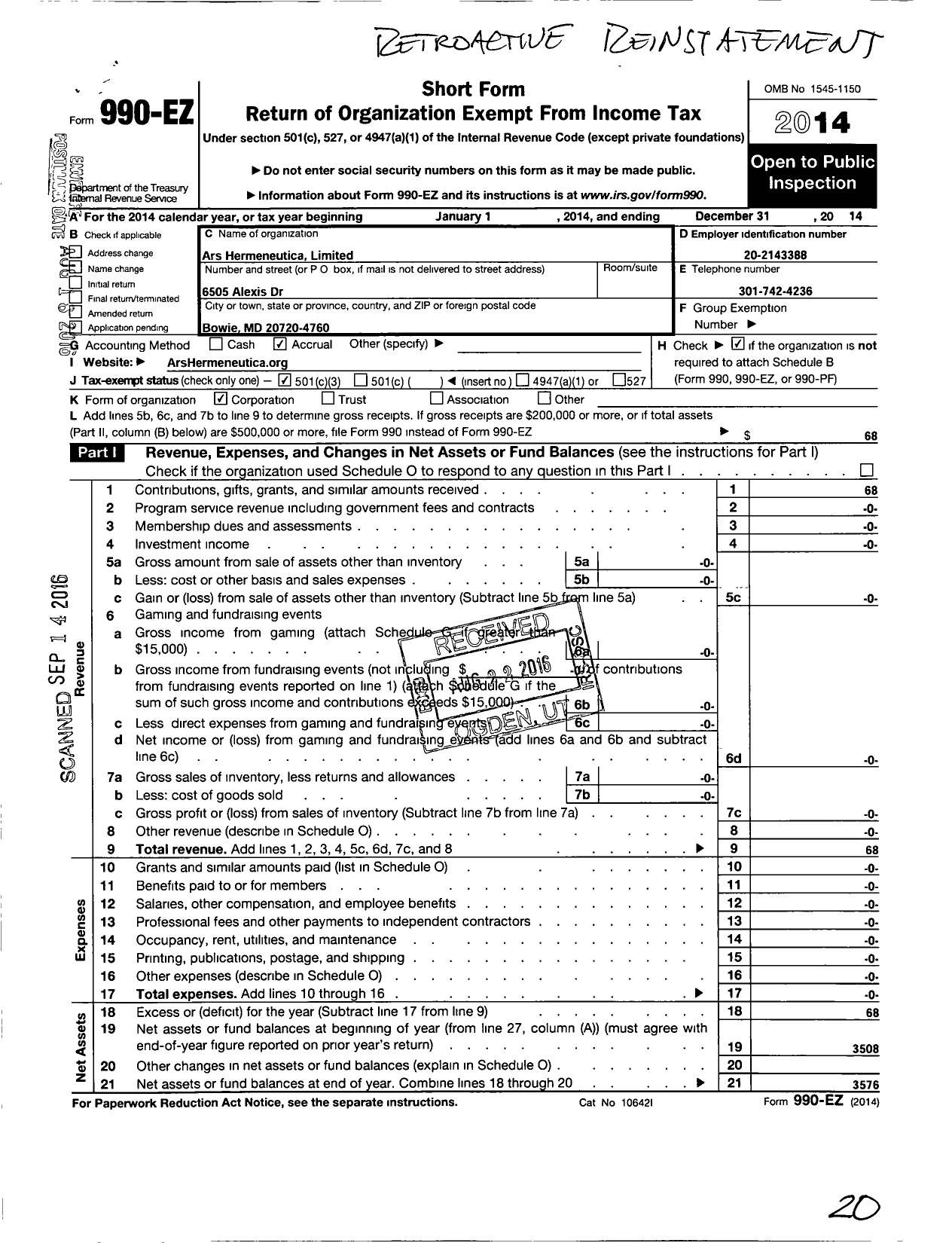 Image of first page of 2014 Form 990EZ for Ars Hermeneutica Limited