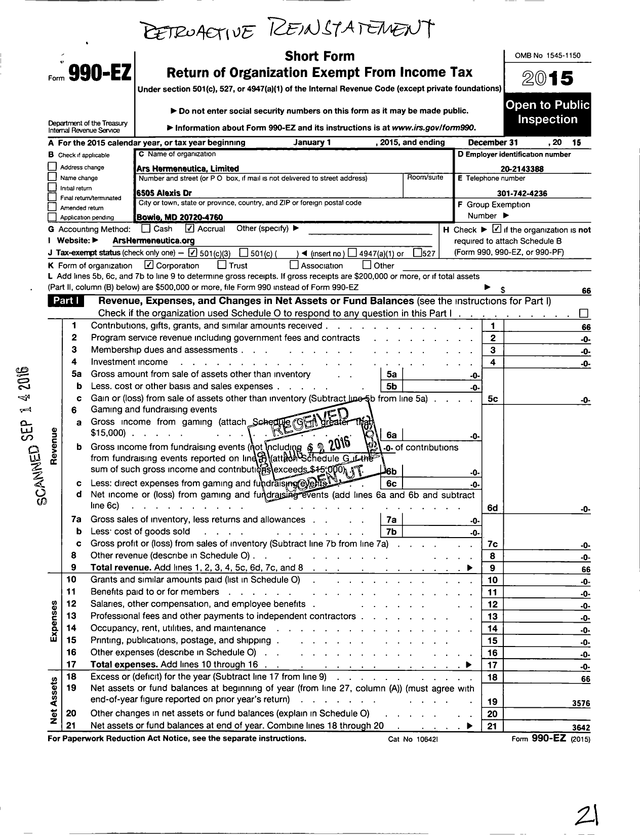 Image of first page of 2015 Form 990EZ for Ars Hermeneutica Limited