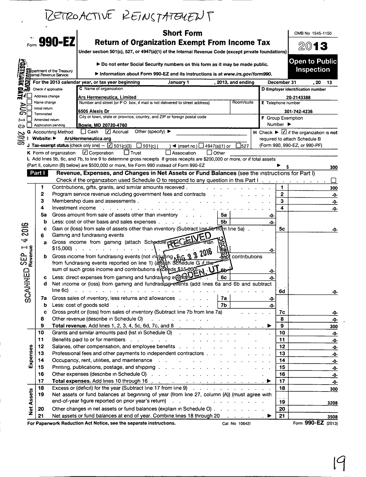 Image of first page of 2013 Form 990EZ for Ars Hermeneutica Limited