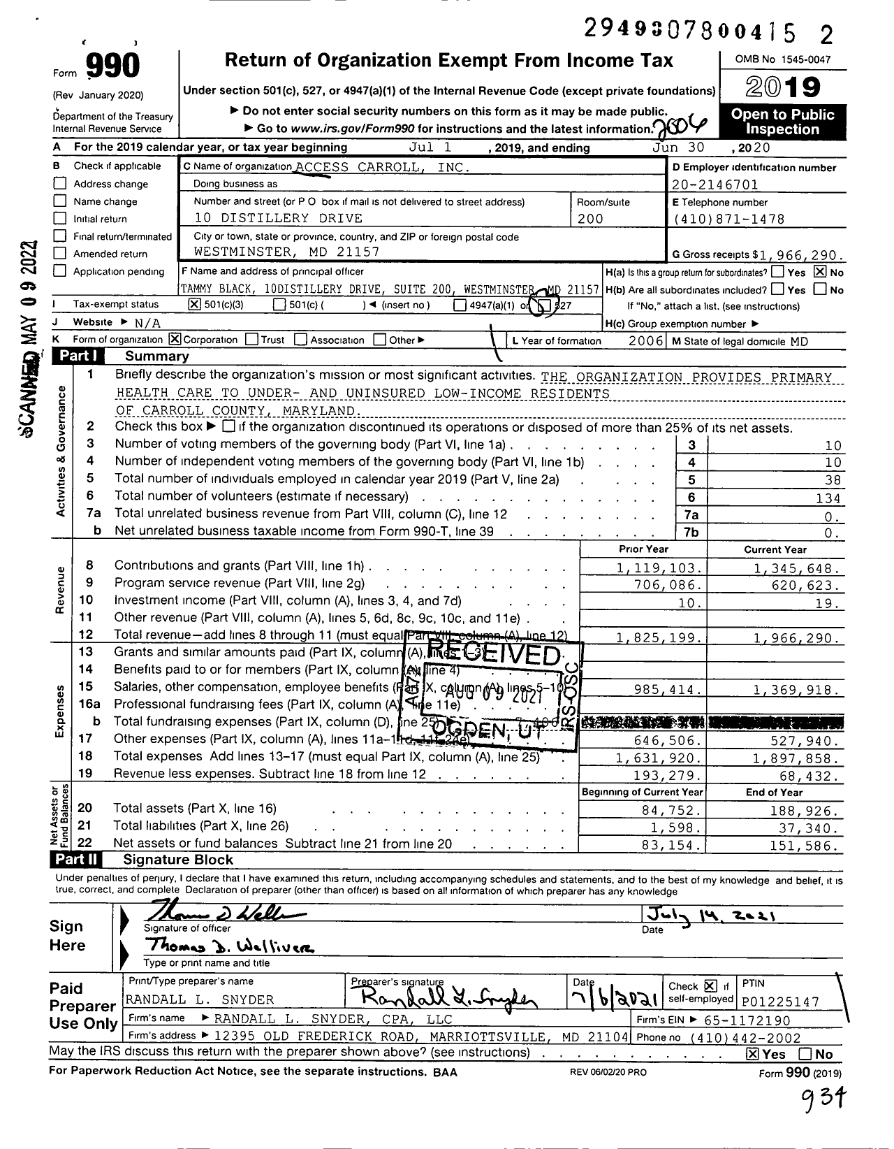 Image of first page of 2019 Form 990 for Access Carroll