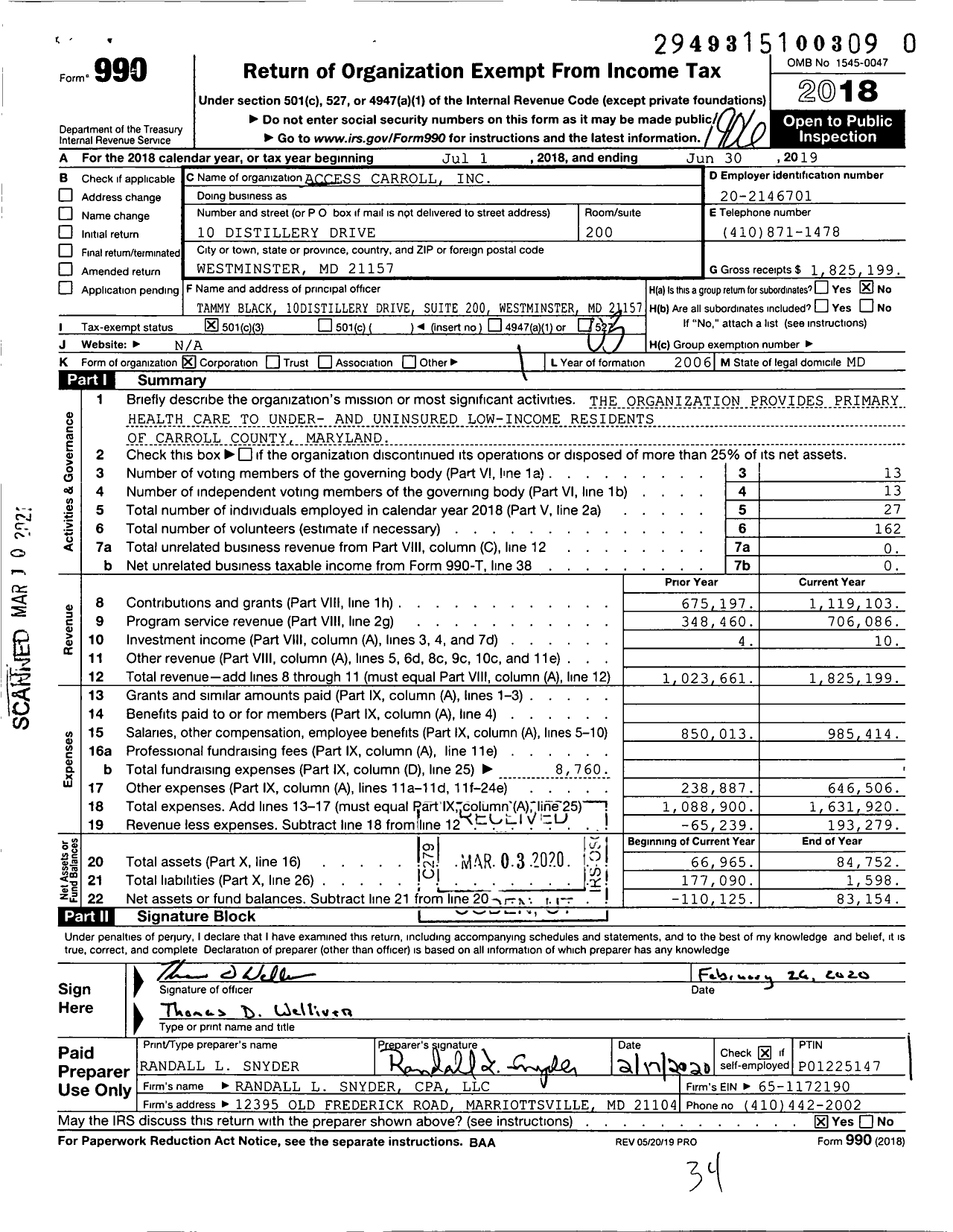 Image of first page of 2018 Form 990 for Access Carroll