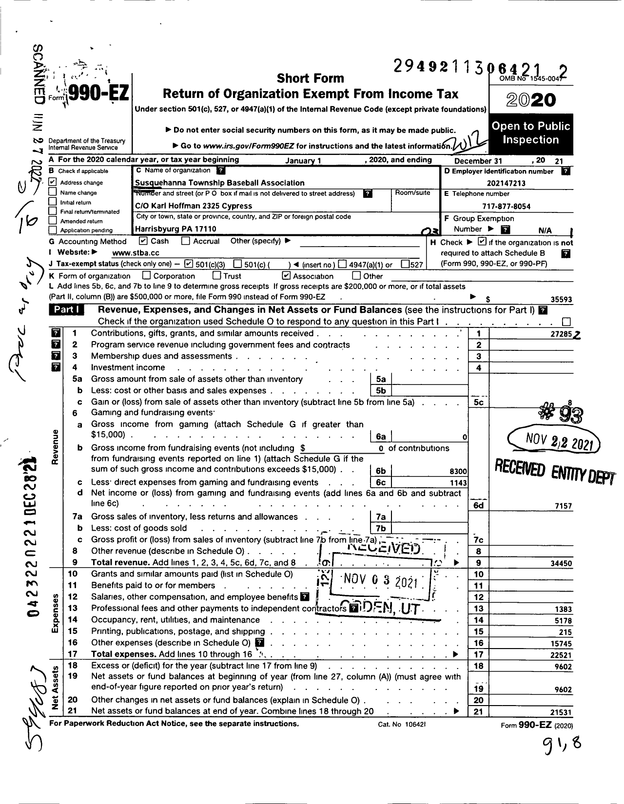 Image of first page of 2020 Form 990EZ for Susquehanna Township Baseball Association