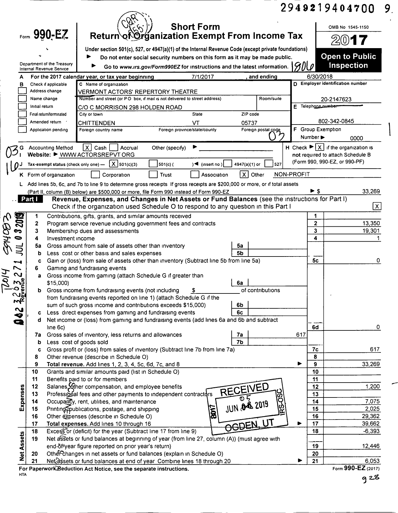 Image of first page of 2017 Form 990EZ for Vermont Actors' Repertory Theatre