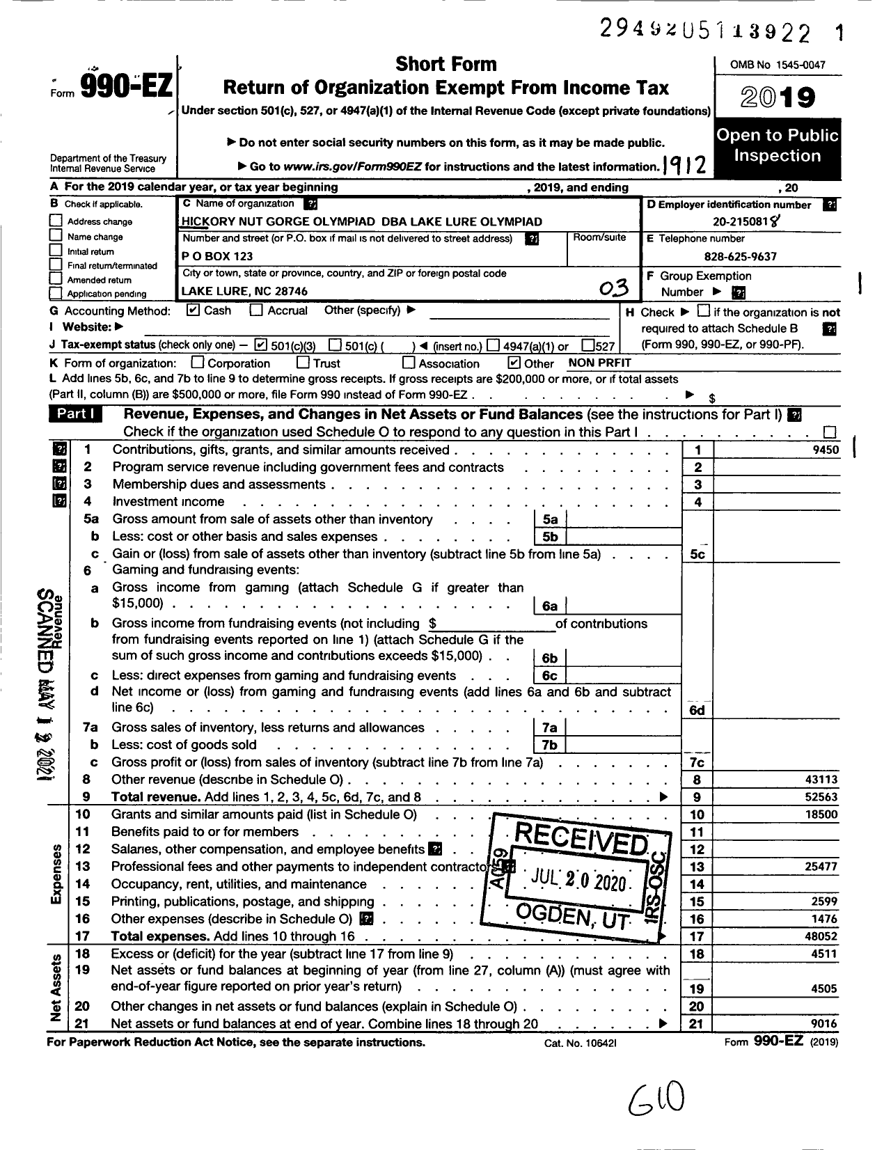 Image of first page of 2019 Form 990EZ for Hickory Nut Gorge Olympiad