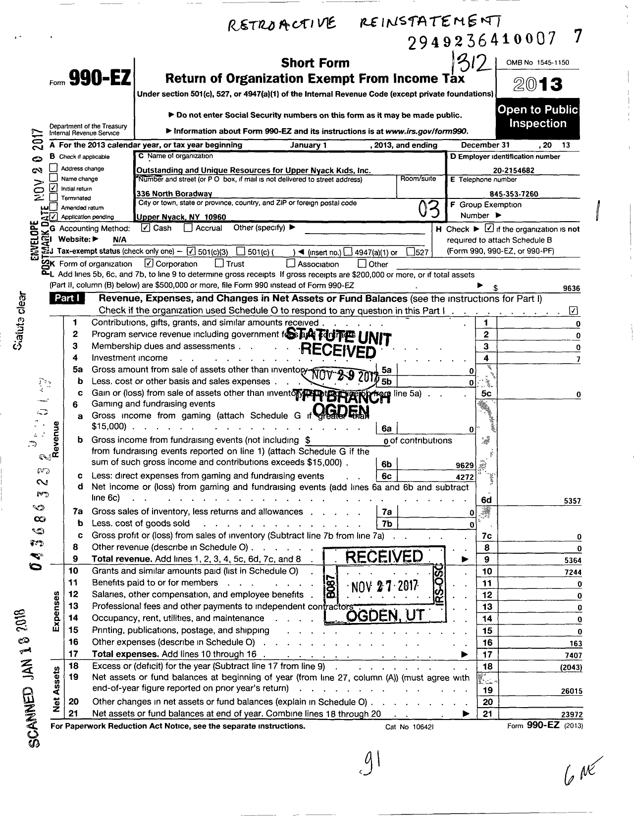 Image of first page of 2013 Form 990EZ for Outstanding and Unique Resources for Upper Nyack Kids