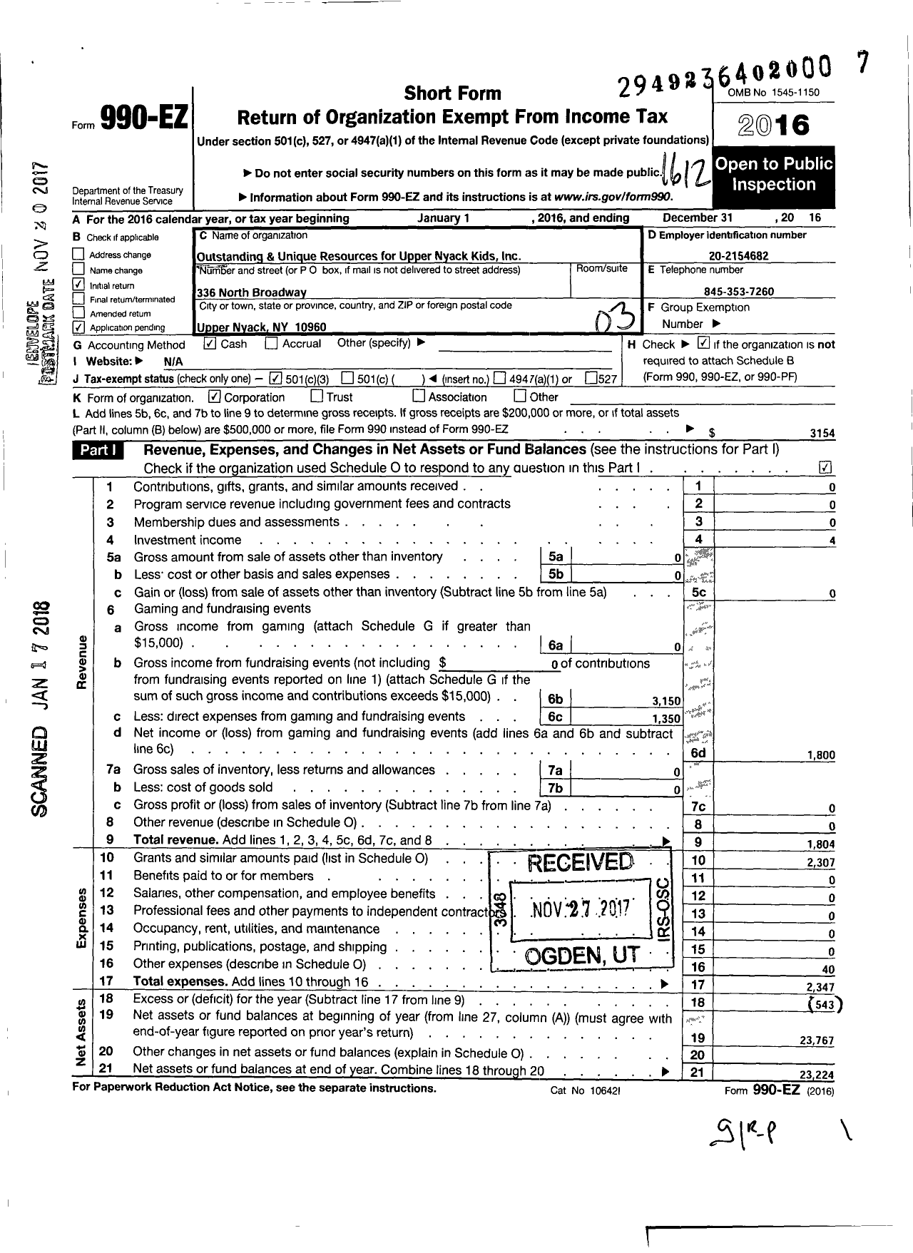 Image of first page of 2016 Form 990EZ for Outstanding and Unique Resources for Upper Nyack Kids