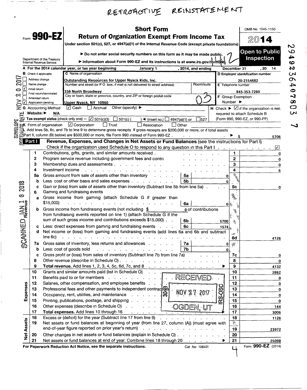 Image of first page of 2014 Form 990EZ for Outstanding and Unique Resources for Upper Nyack Kids