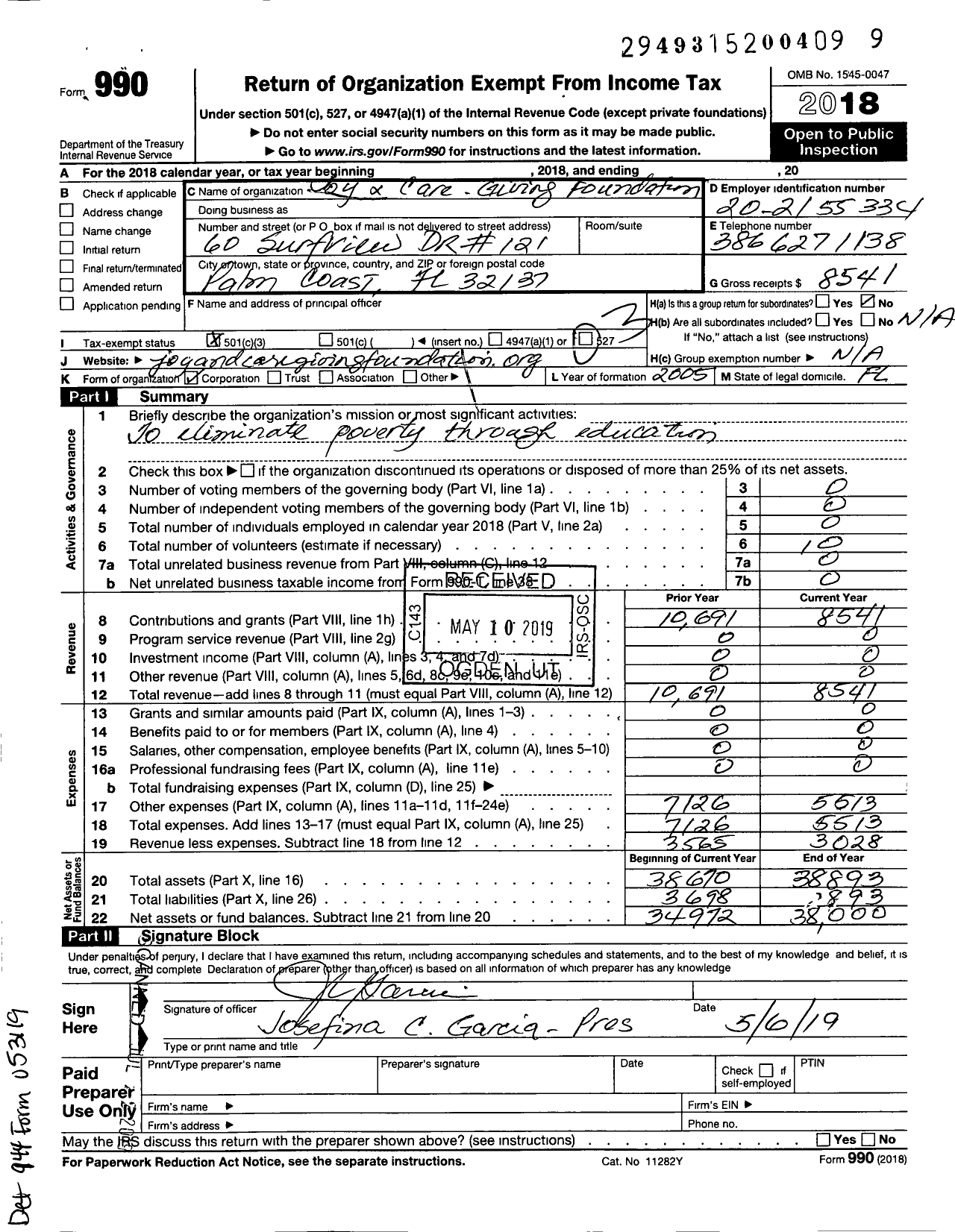 Image of first page of 2018 Form 990 for Joy and Care-Giving Foundation