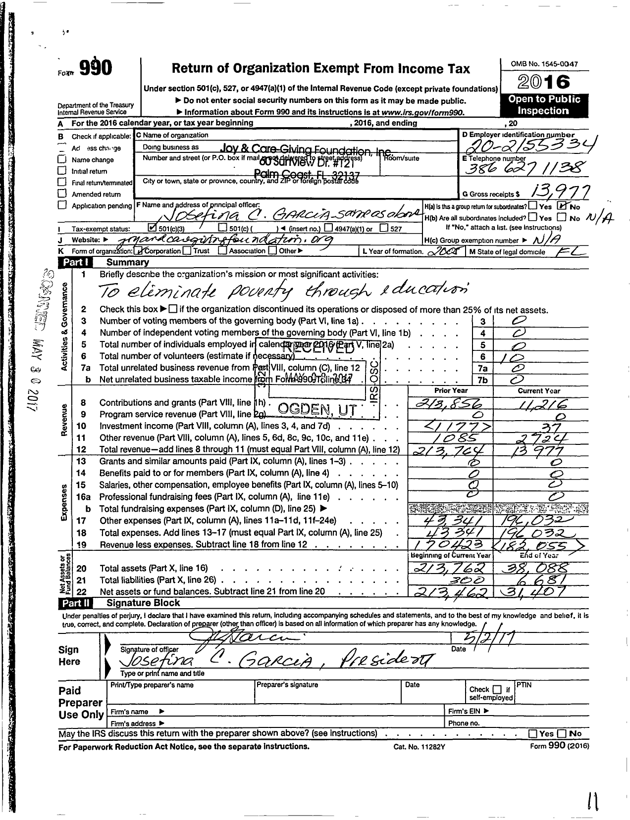 Image of first page of 2016 Form 990 for Joy and Care-Giving Foundation