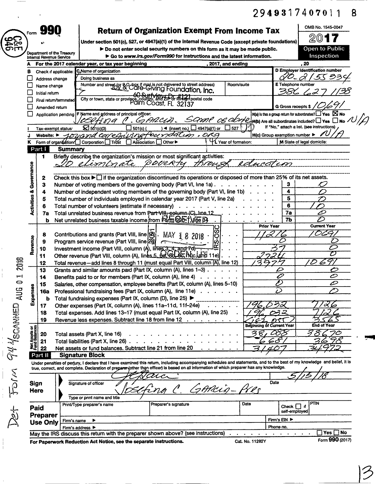 Image of first page of 2017 Form 990 for Joy and Care-Giving Foundation