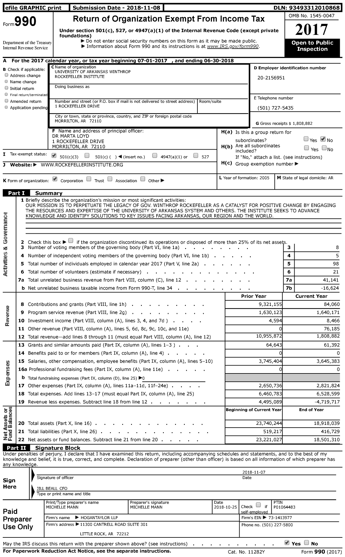 Image of first page of 2017 Form 990 for University of Arkansas Winthrop Rockefeller Institute
