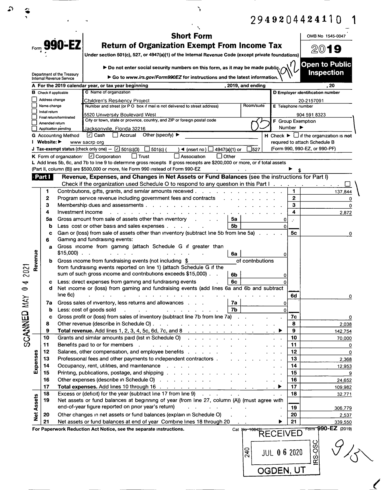 Image of first page of 2019 Form 990EZ for Childrens Resiliency Project