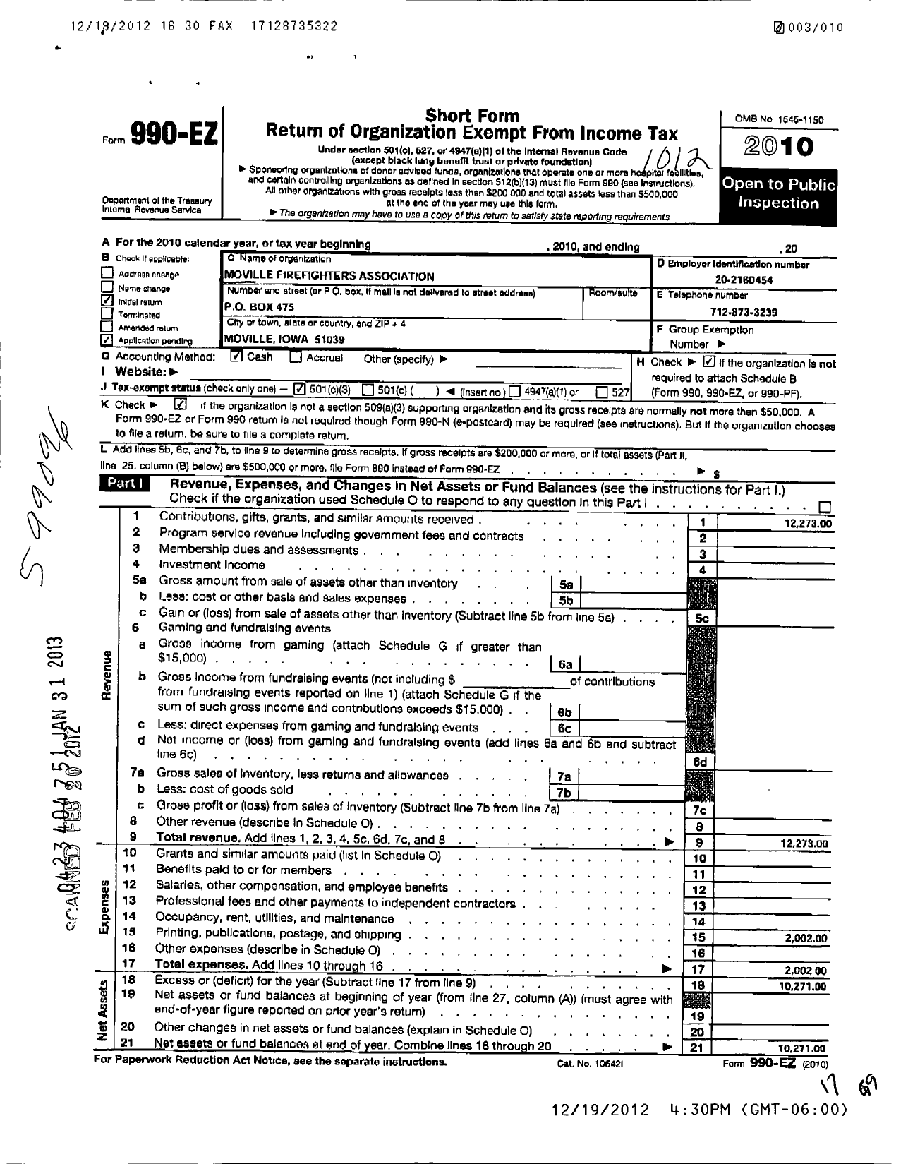 Image of first page of 2010 Form 990EZ for Moville Firefighters Association