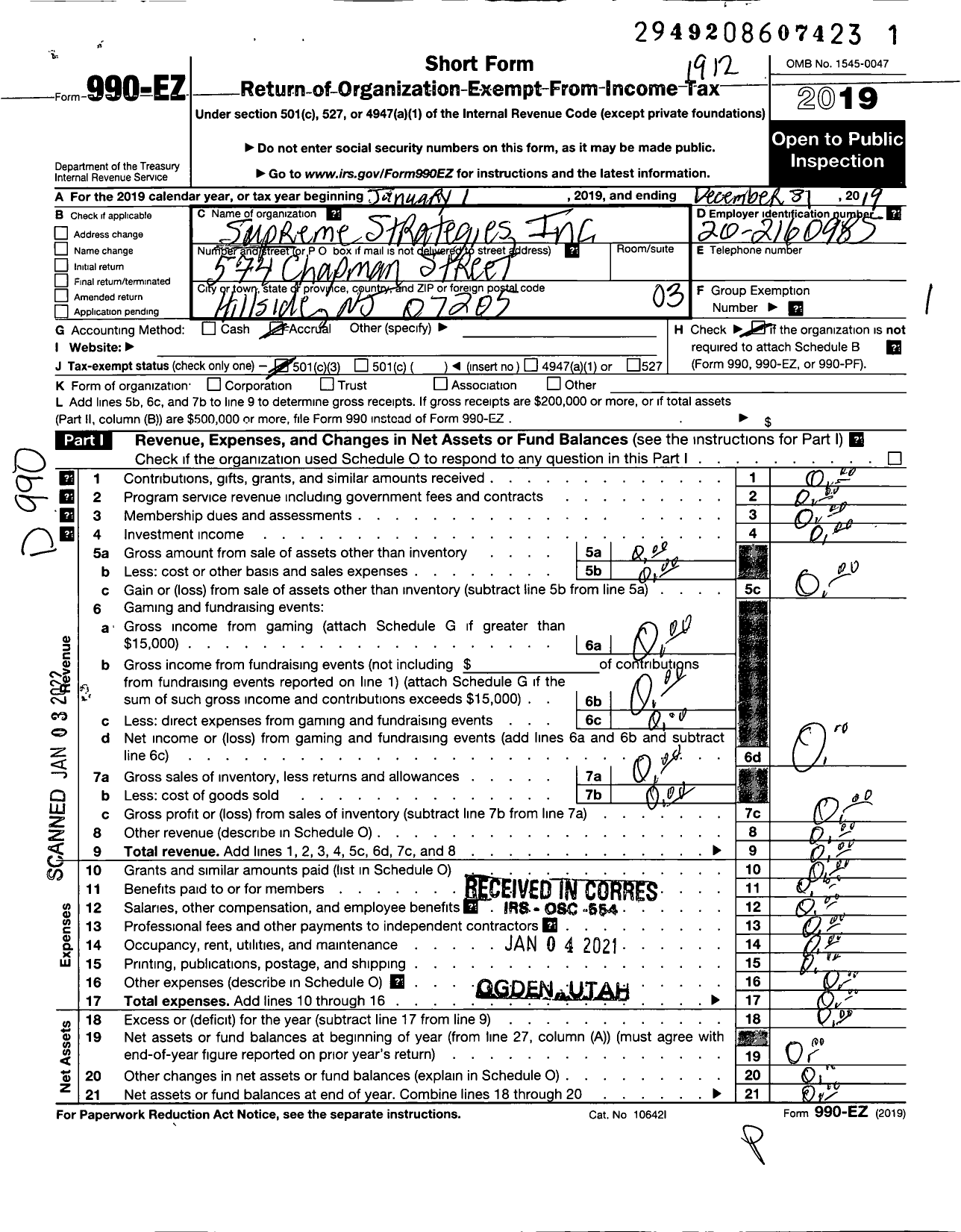 Image of first page of 2019 Form 990EZ for Supreme Strategies