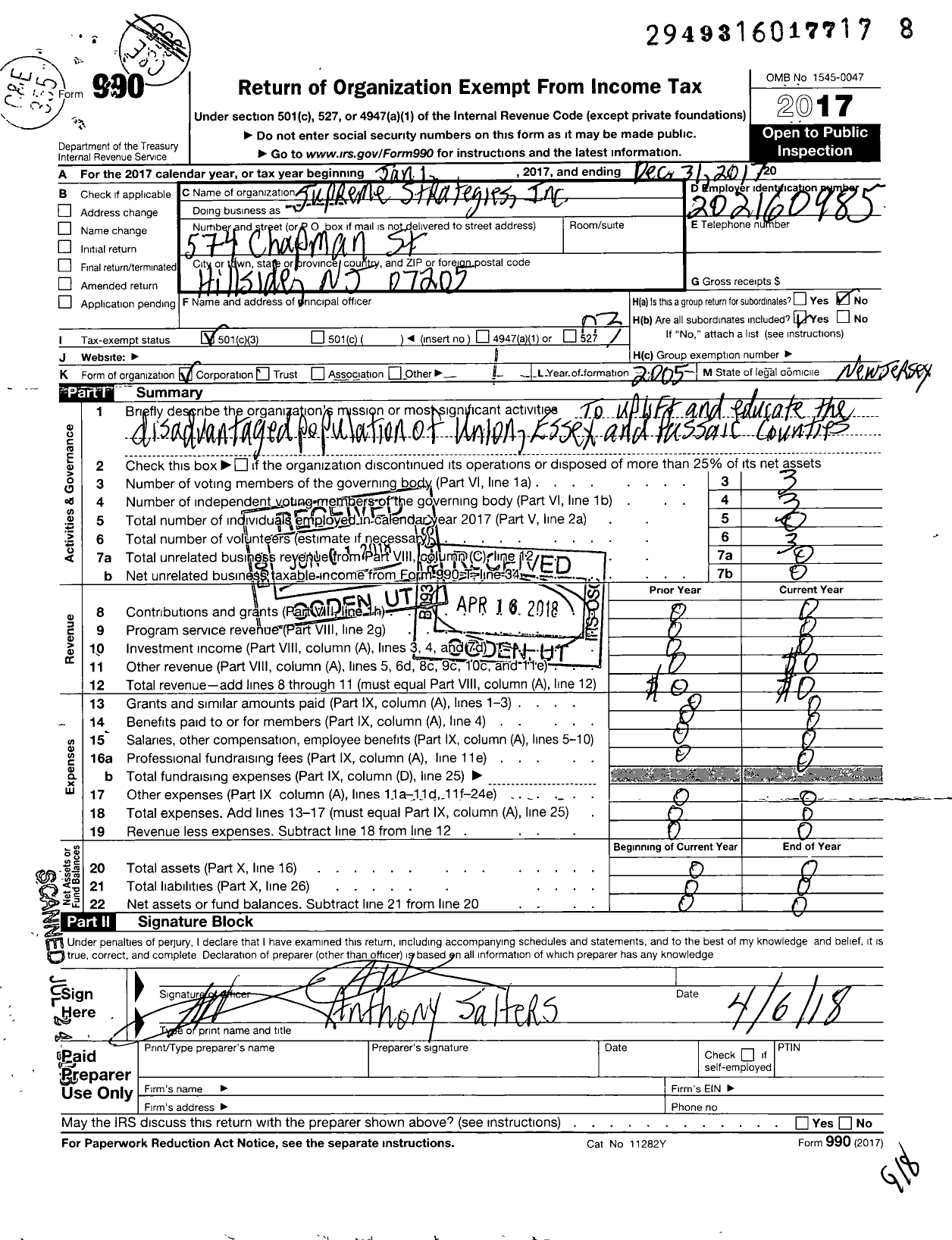 Image of first page of 2017 Form 990 for Supreme Strategies