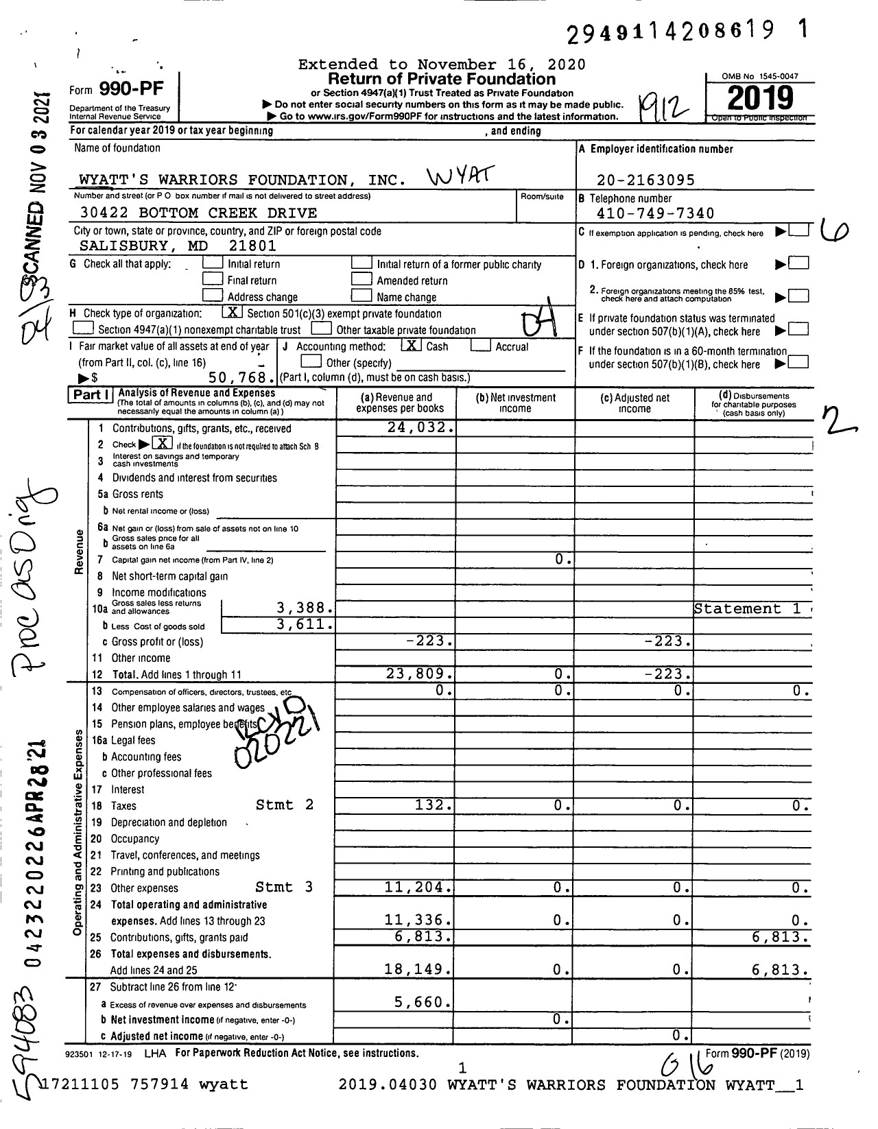 Image of first page of 2019 Form 990PF for Wyatt's Warriors Foundation