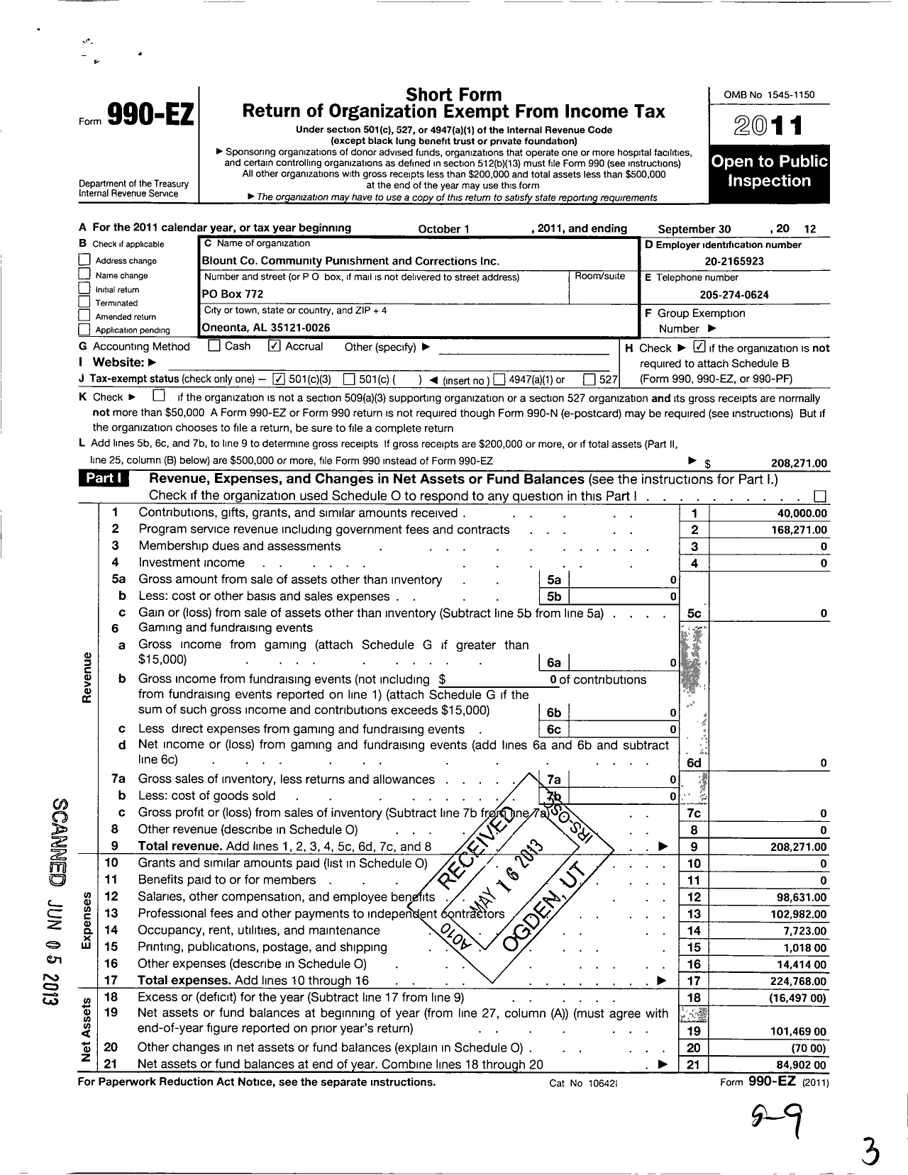 Image of first page of 2011 Form 990EZ for Blount Community Punishment and Corrections