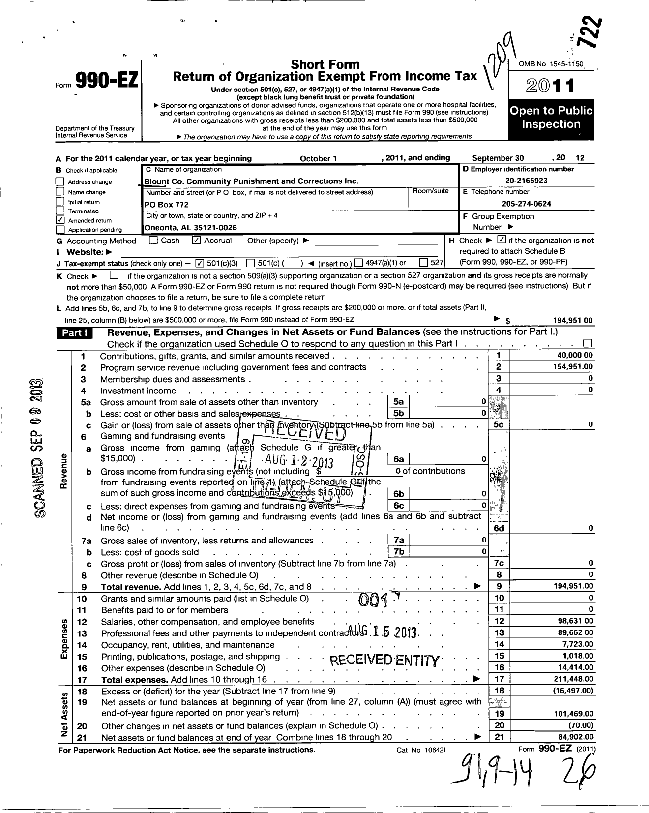 Image of first page of 2011 Form 990EZ for Blount Community Punishment and Corrections