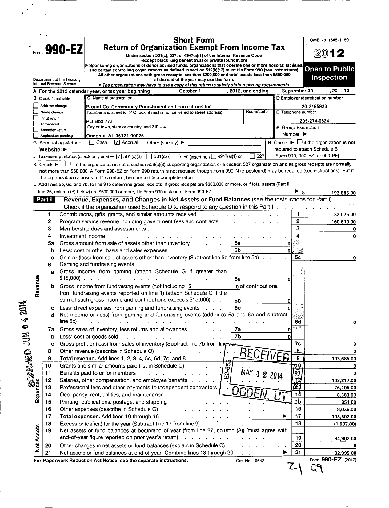 Image of first page of 2012 Form 990EZ for Blount Community Punishment and Corrections