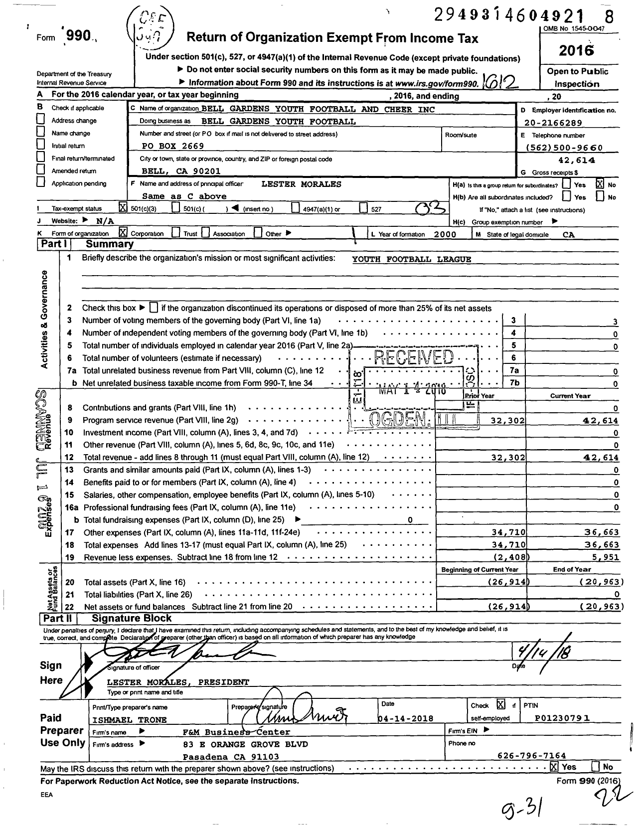 Image of first page of 2016 Form 990 for Bell Gardens Youth Football and Cheer