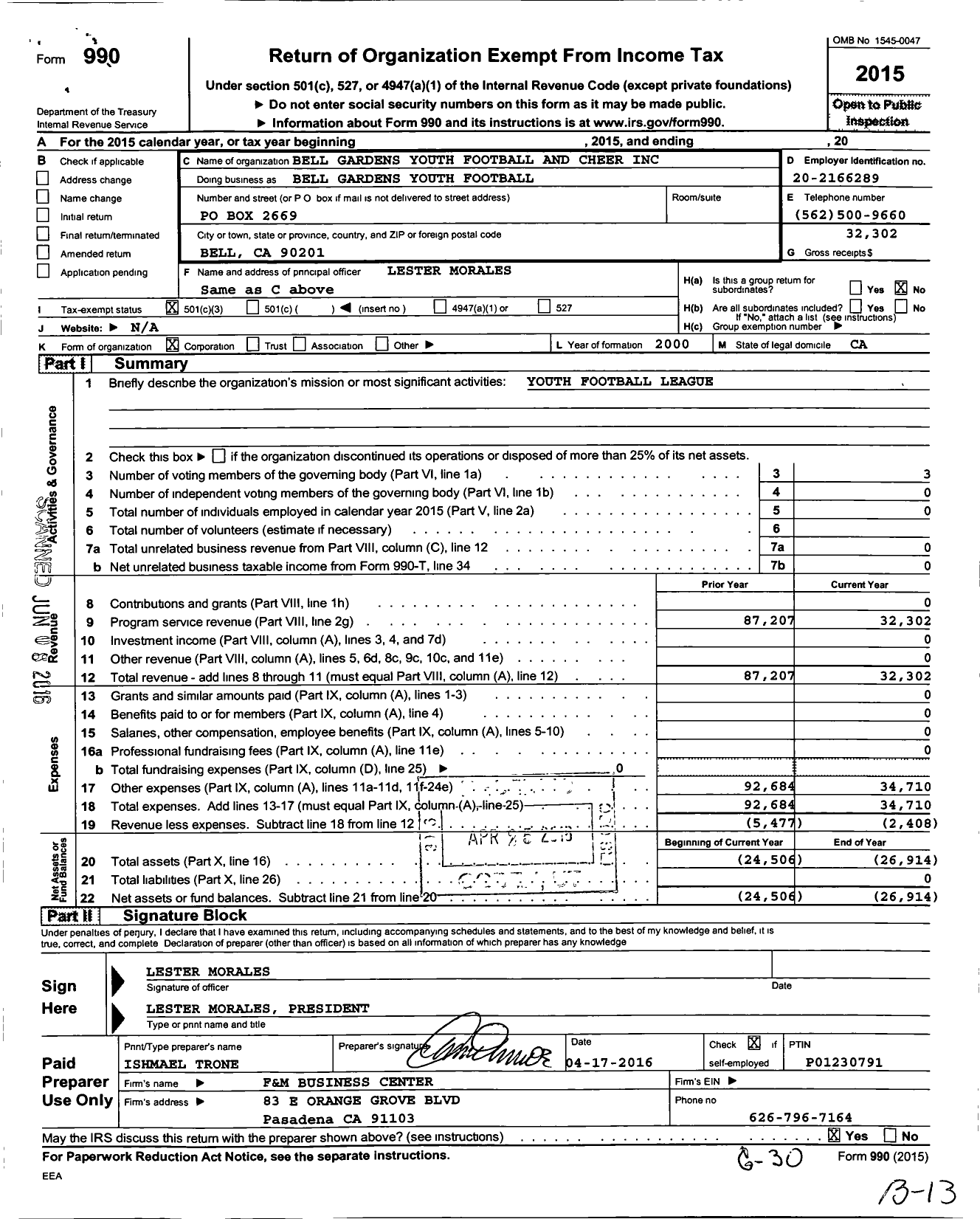 Image of first page of 2015 Form 990 for Bell Gardens Youth Football and Cheer