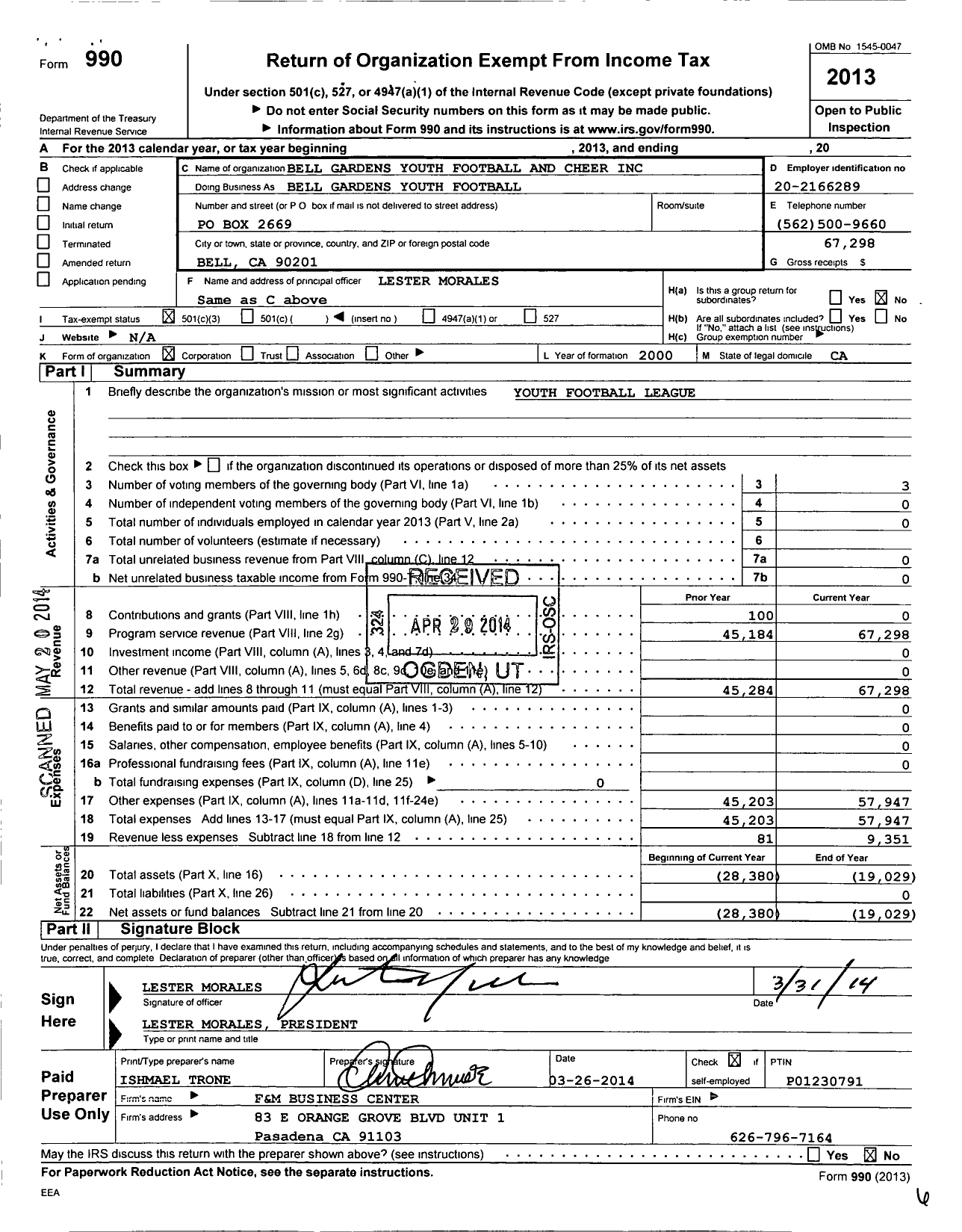 Image of first page of 2013 Form 990 for Bell Gardens Youth Football and Cheer