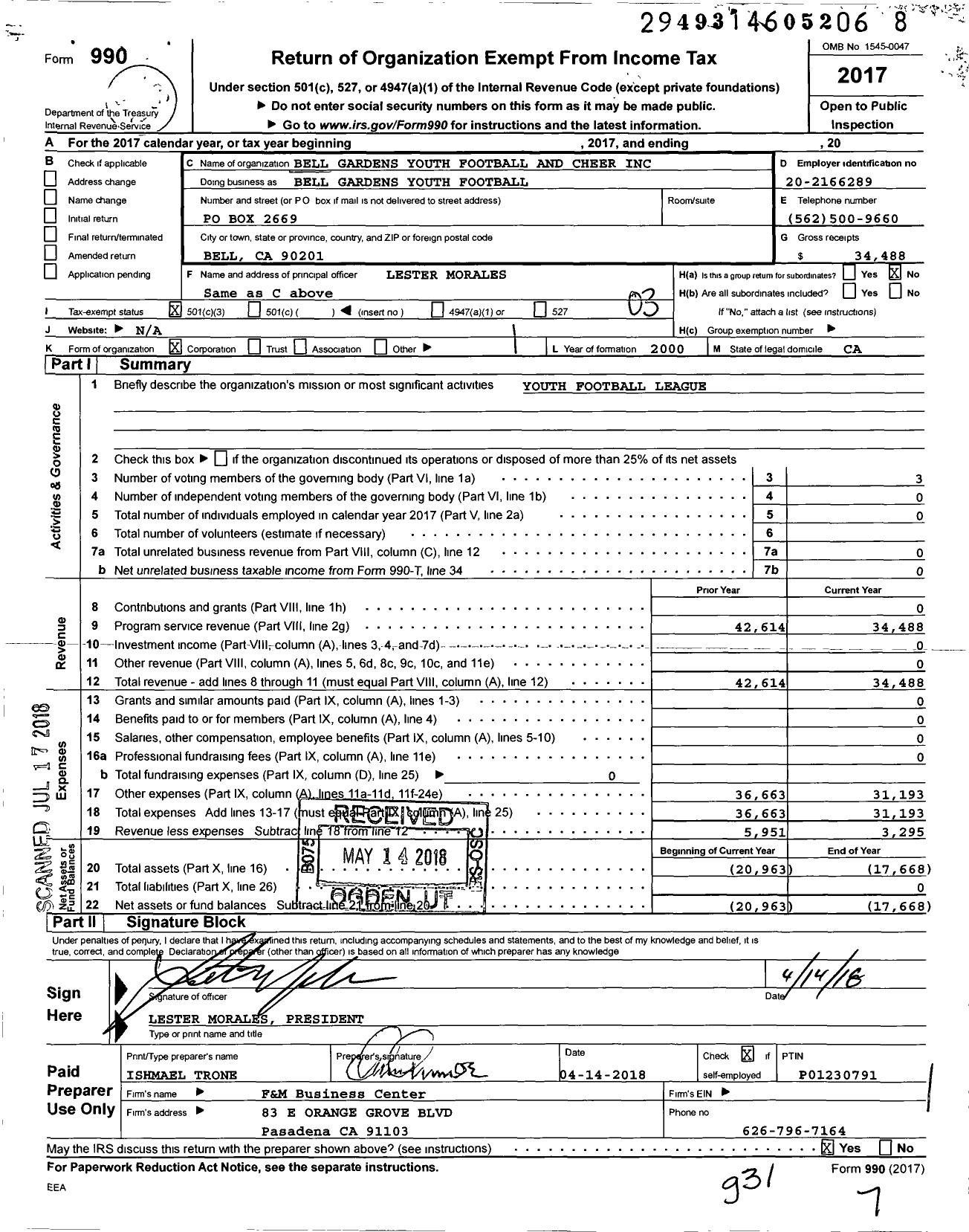 Image of first page of 2017 Form 990 for Bell Gardens Youth Football and Cheer