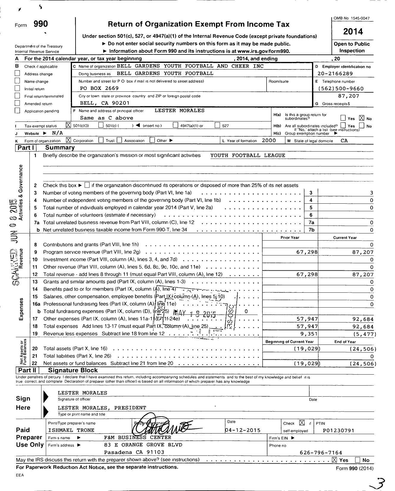 Image of first page of 2014 Form 990 for Bell Gardens Youth Football and Cheer