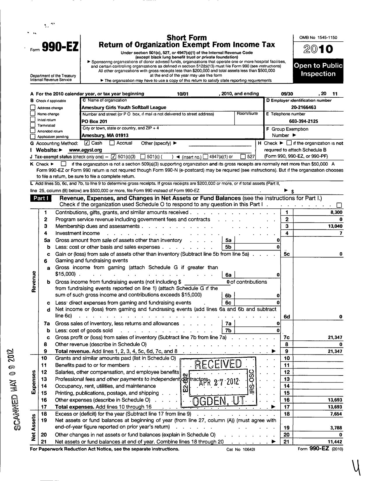 Image of first page of 2010 Form 990EZ for Amesbury Girls Youth Softball