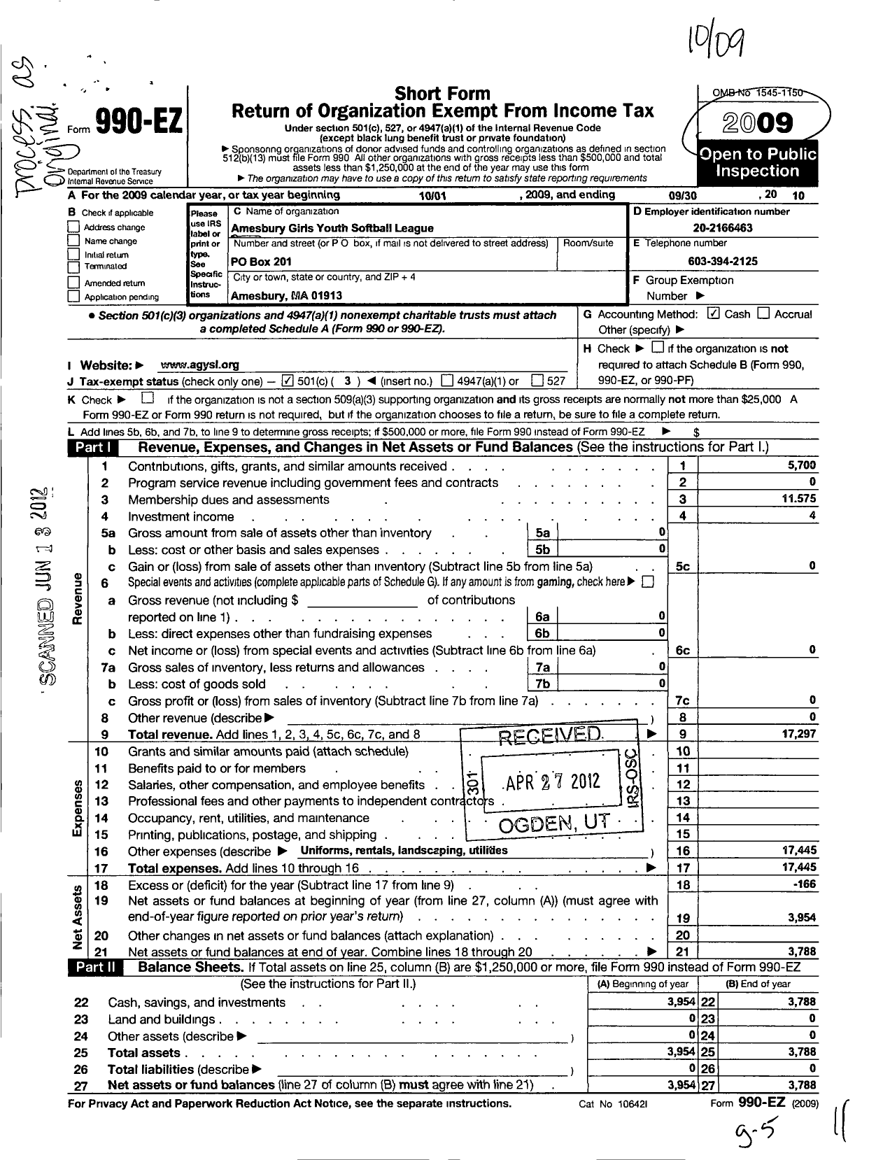 Image of first page of 2009 Form 990EZ for Amesbury Girls Youth Softball