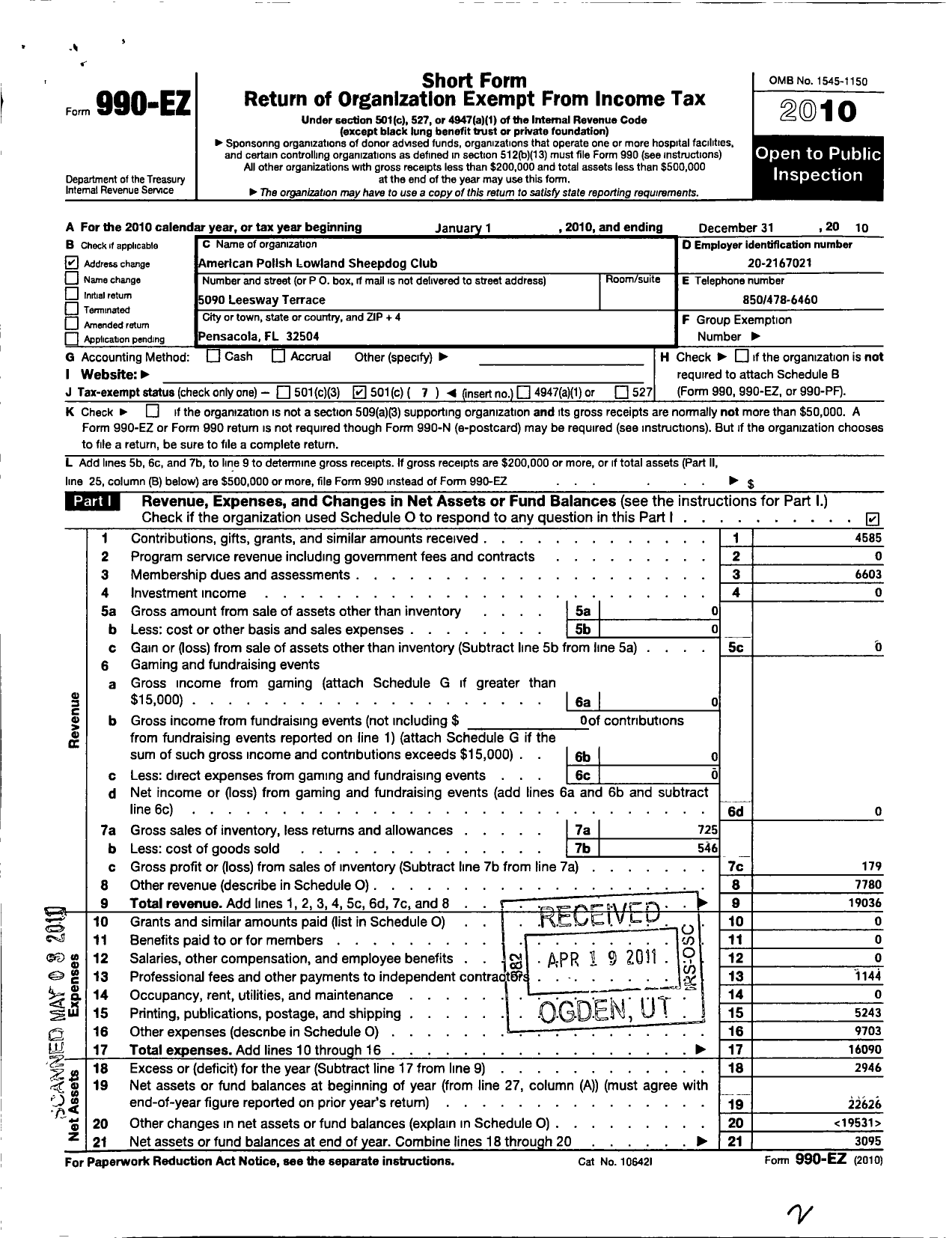 Image of first page of 2010 Form 990EO for American Polish Lowland Sheepdog Club