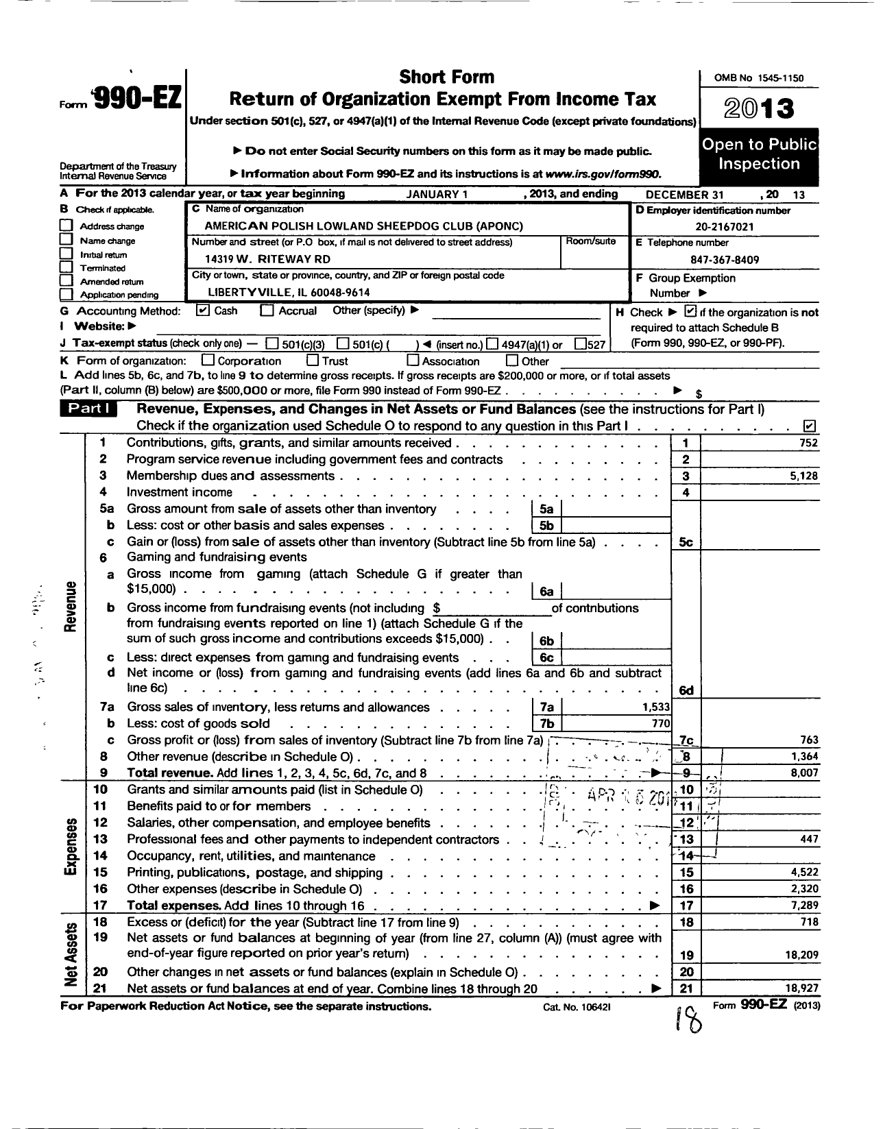 Image of first page of 2013 Form 990EO for American Polish Lowland Sheepdog Club