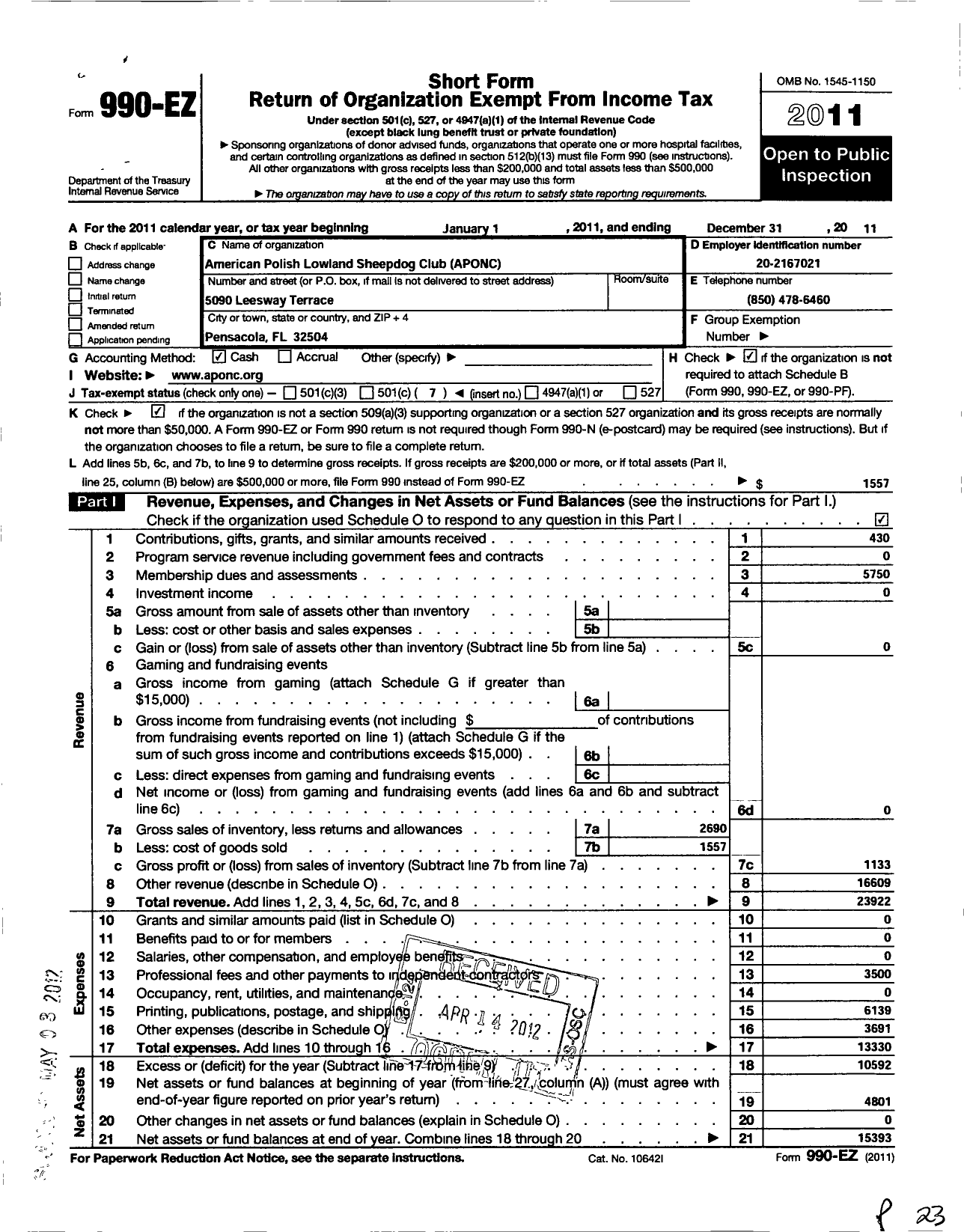 Image of first page of 2011 Form 990EO for American Polish Lowland Sheepdog Club