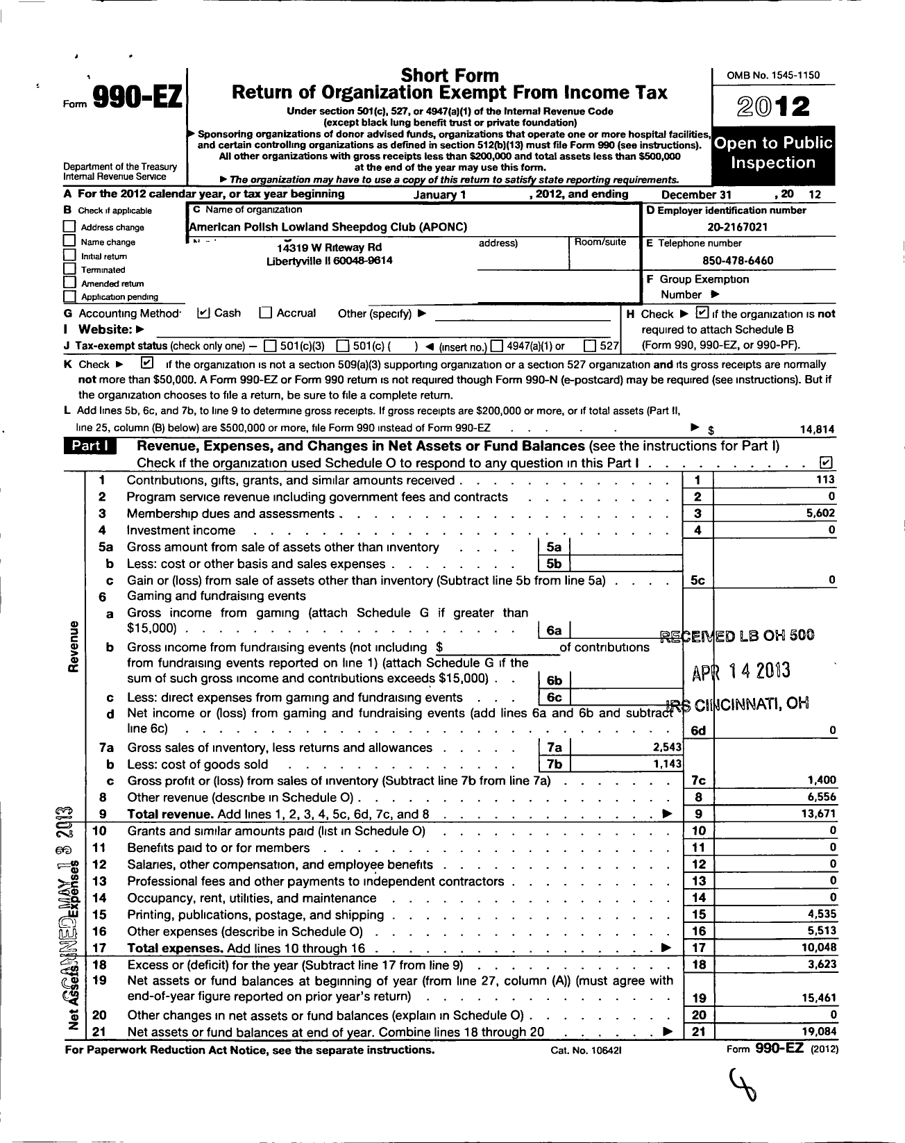 Image of first page of 2012 Form 990EO for American Polish Lowland Sheepdog Club