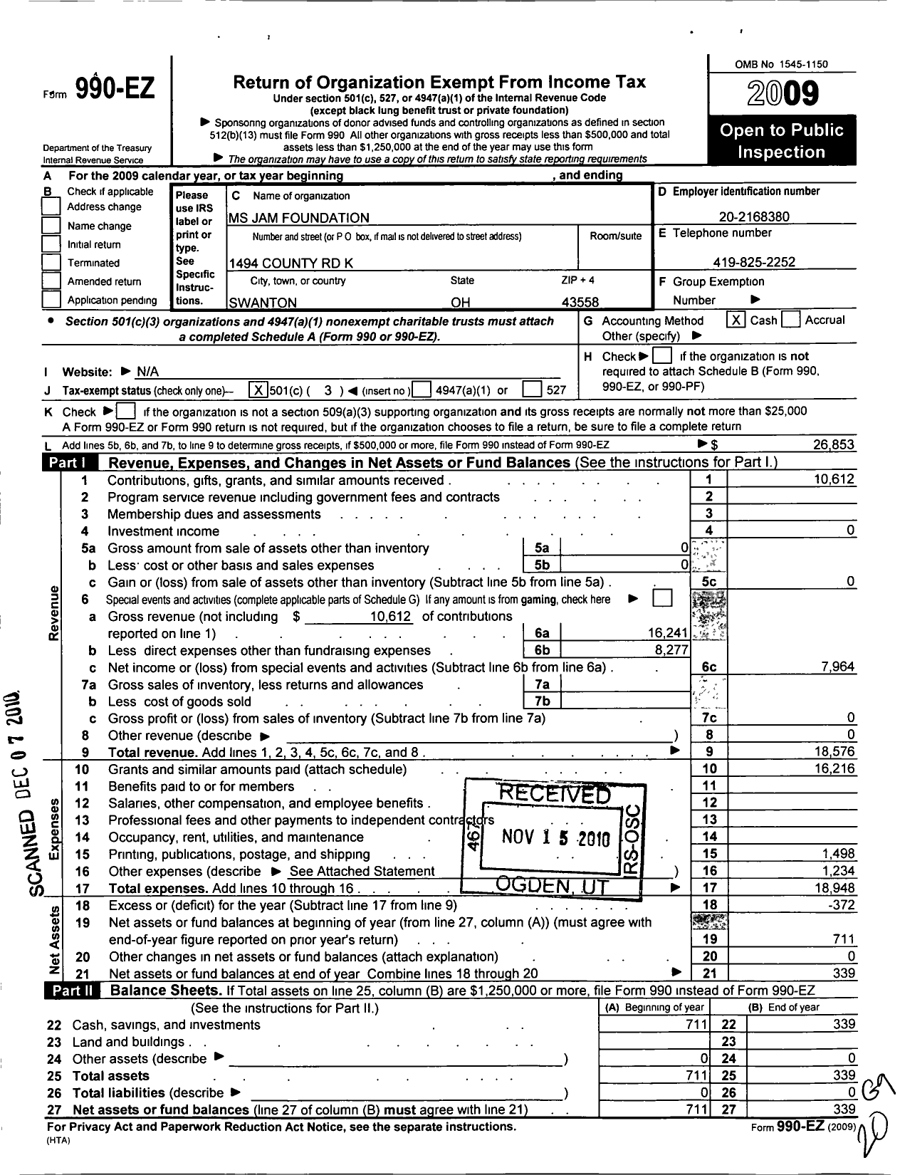 Image of first page of 2009 Form 990EZ for MS Jam Foundation