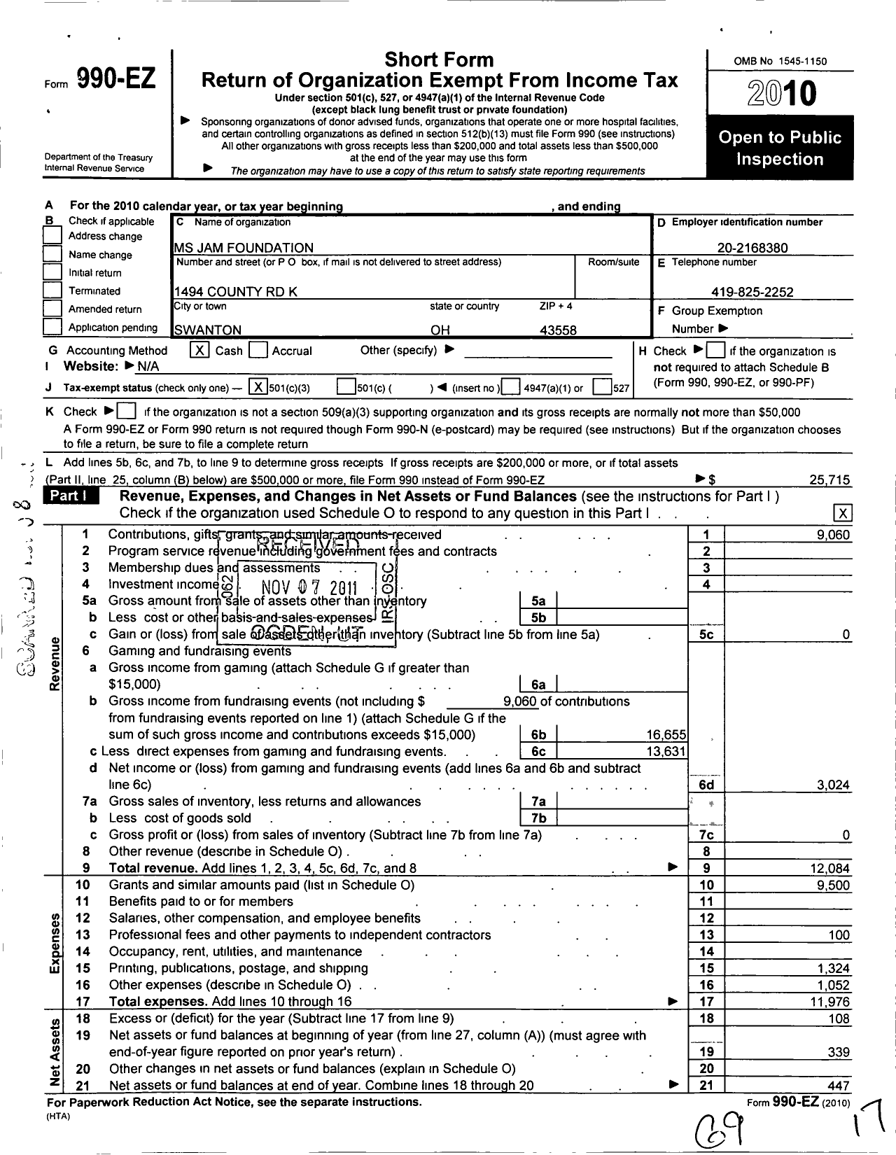 Image of first page of 2010 Form 990EZ for MS Jam Foundation