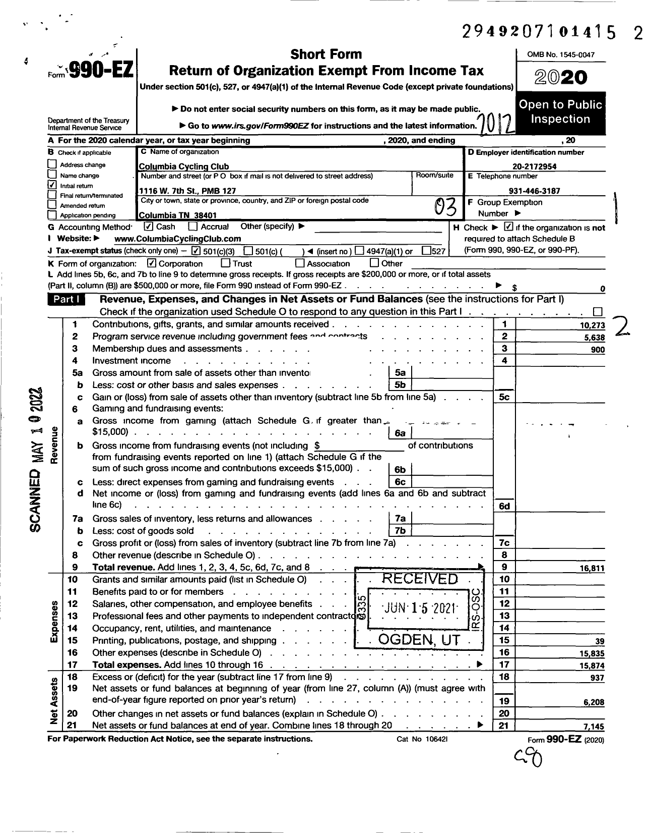 Image of first page of 2020 Form 990EZ for Columbia Cycling Club