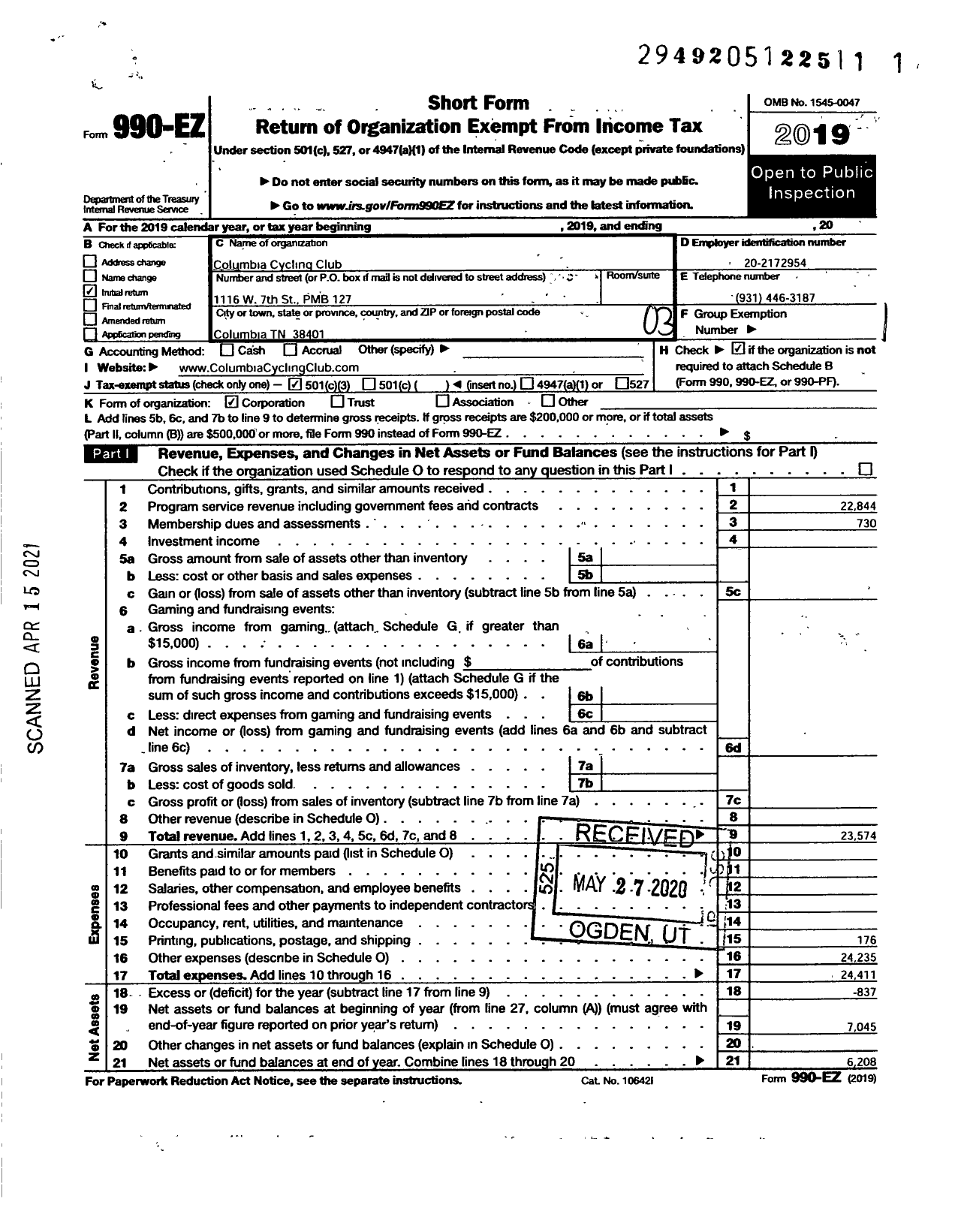 Image of first page of 2019 Form 990EZ for Columbia Cycling Club