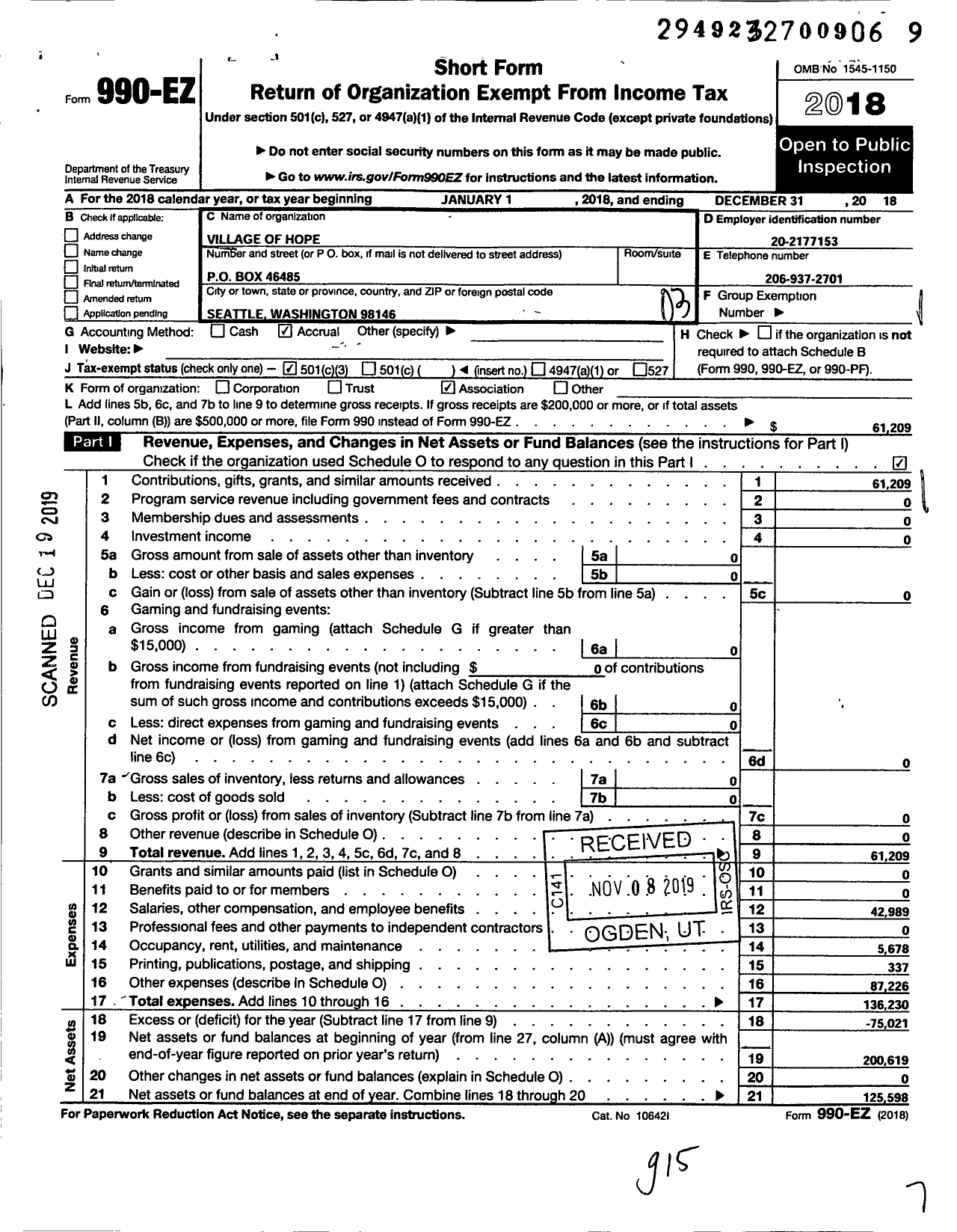 Image of first page of 2018 Form 990EZ for The Village of Hope Seattle