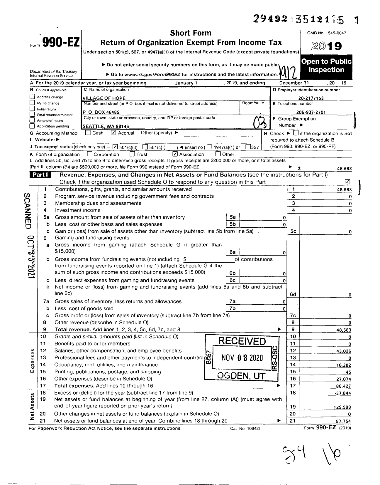 Image of first page of 2019 Form 990EZ for The Village of Hope Seattle