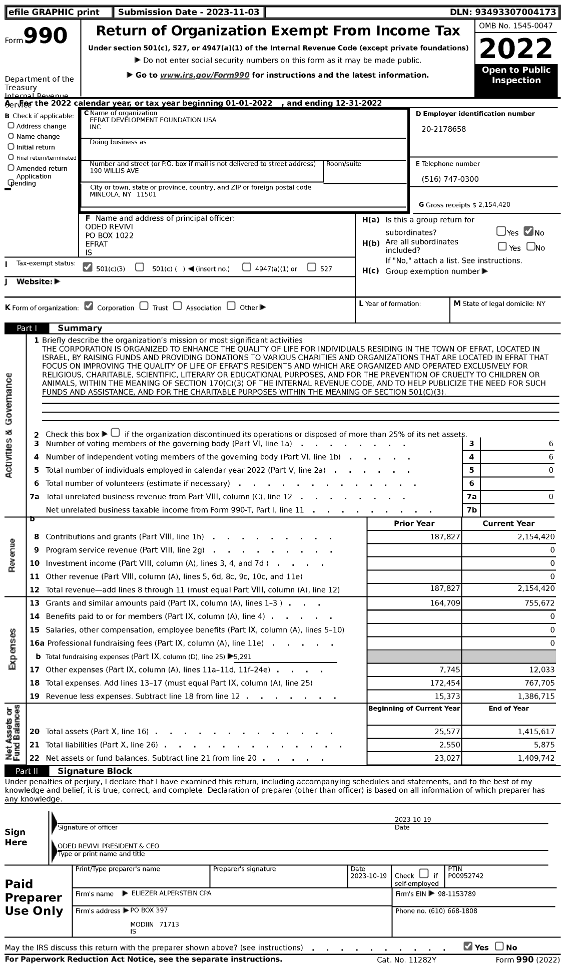 Image of first page of 2022 Form 990 for Efrat Development Foundation USA