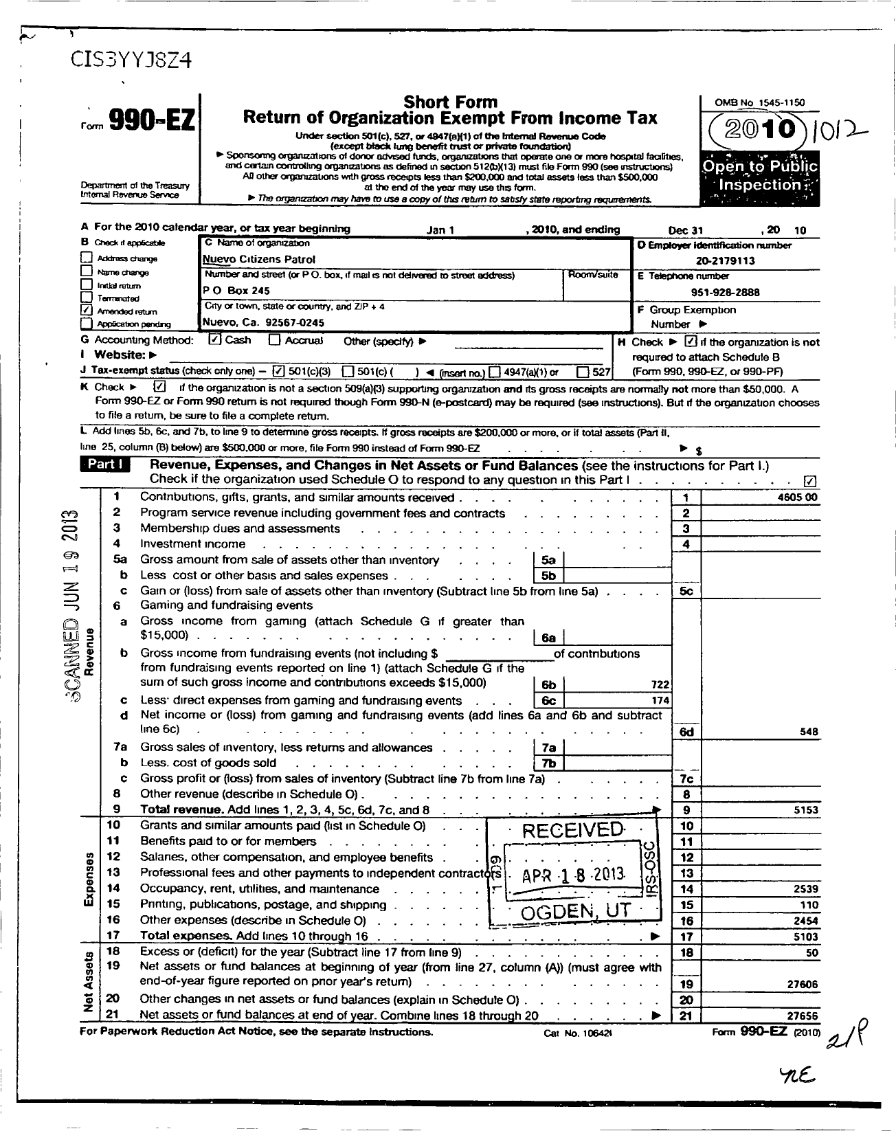 Image of first page of 2010 Form 990EZ for Nuevo Citizens Patrol