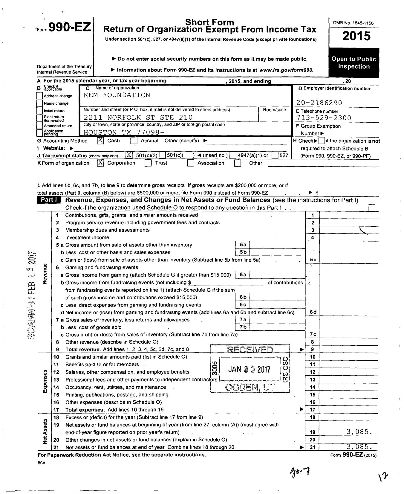 Image of first page of 2015 Form 990EZ for Kem Foundation