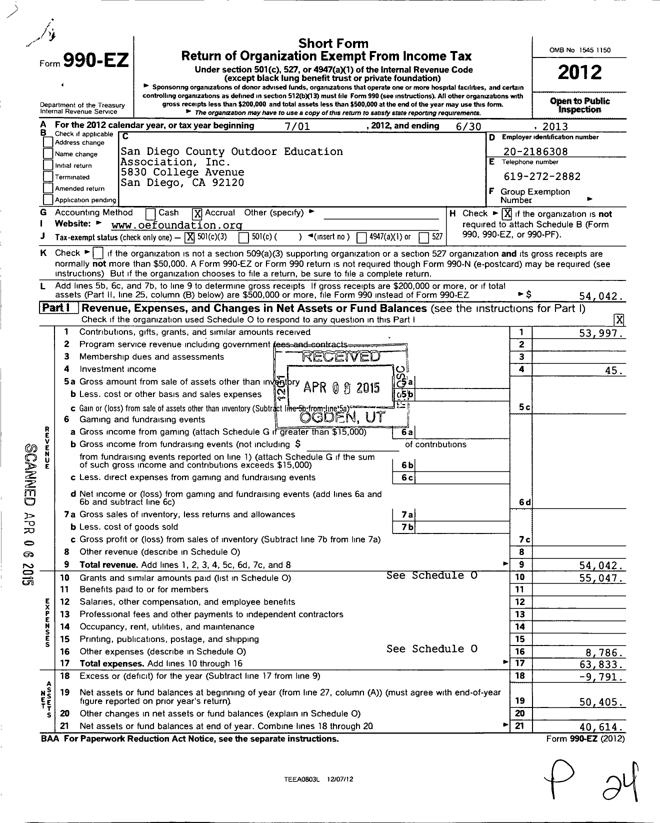 Image of first page of 2012 Form 990EZ for San Diego County Outdoor Education Association