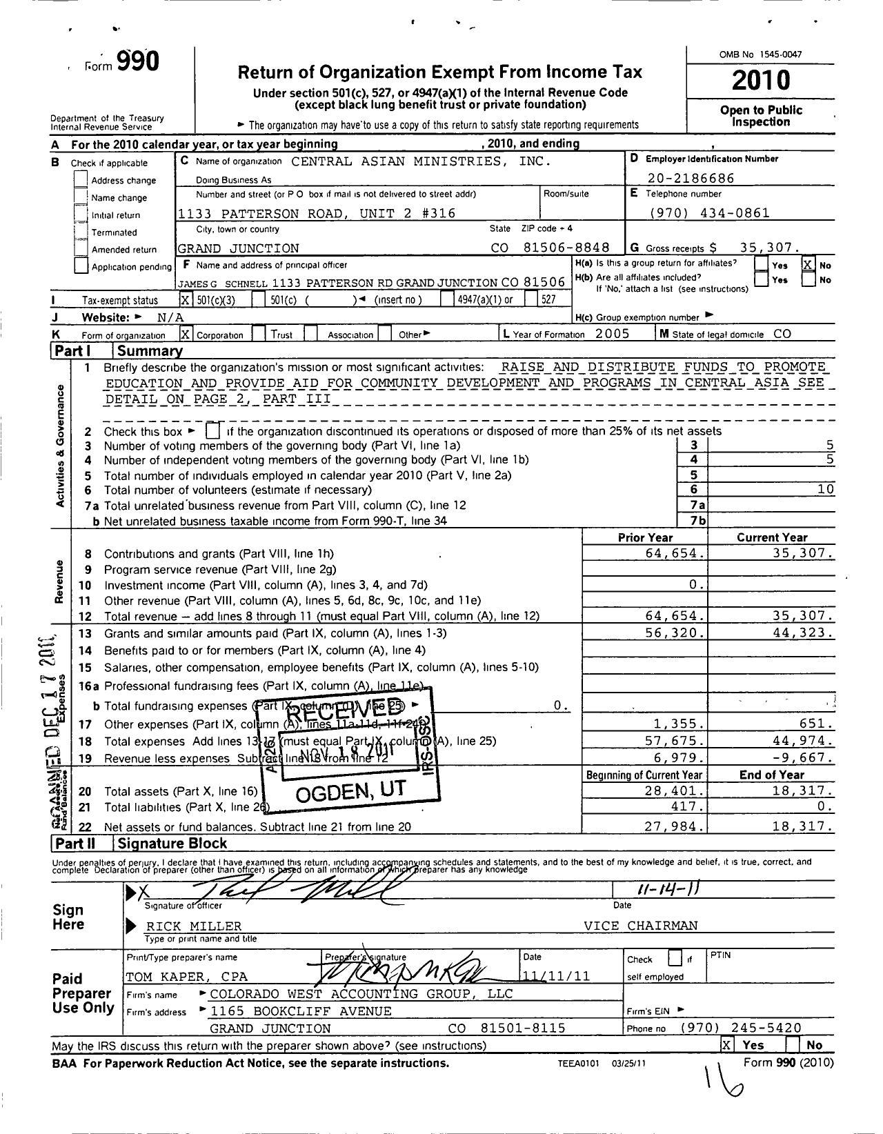 Image of first page of 2010 Form 990 for Central Asian Ministries