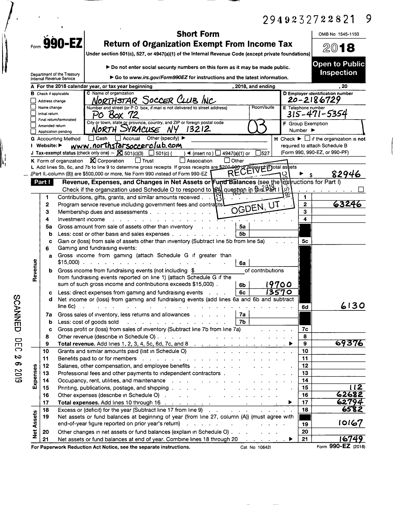 Image of first page of 2018 Form 990EZ for Norstar Soccer Club